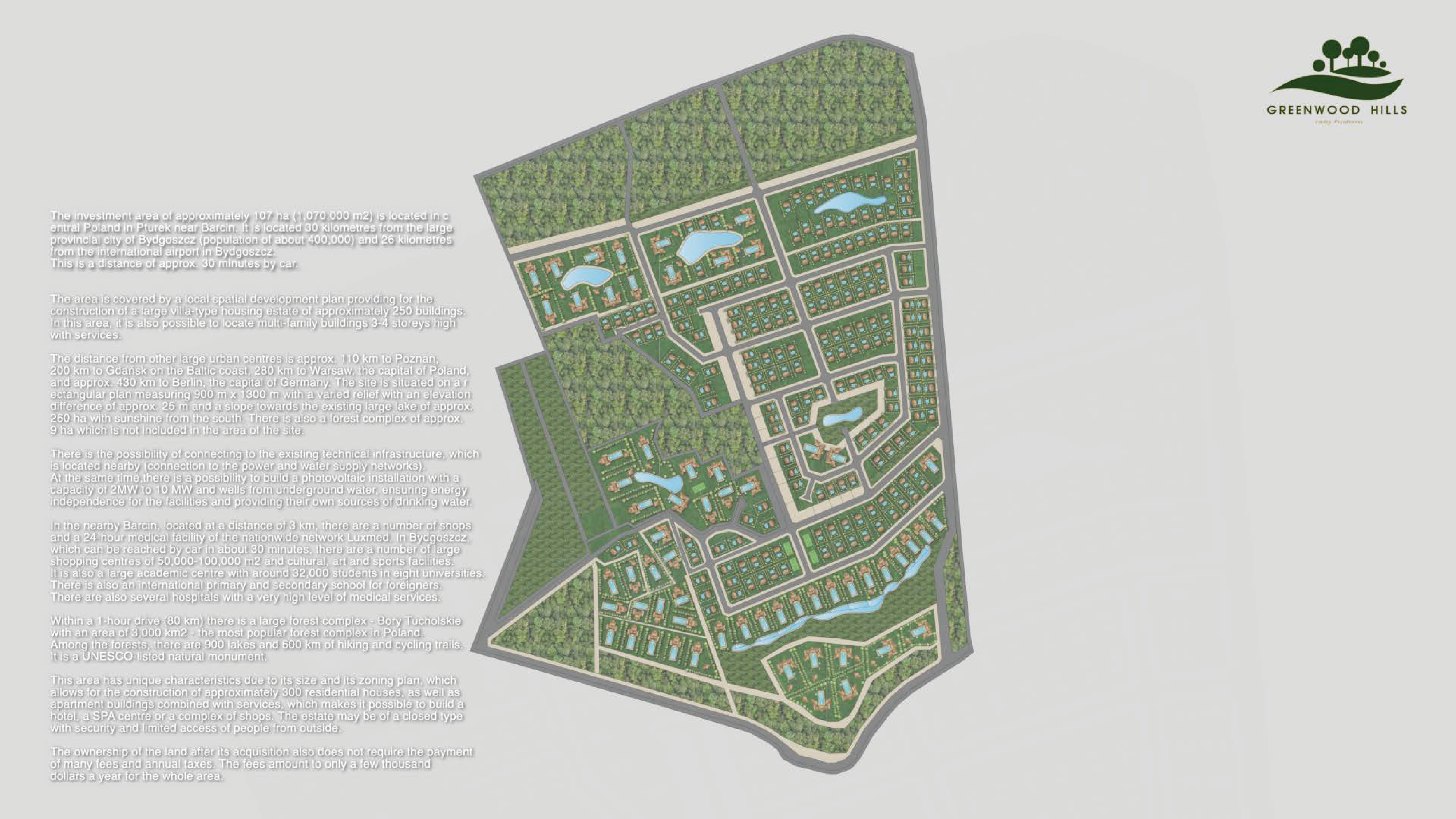 Drawing: landscape strategy plan with green corridors, tree preservation zones, lake access points, and community park distribution across 107 hectares