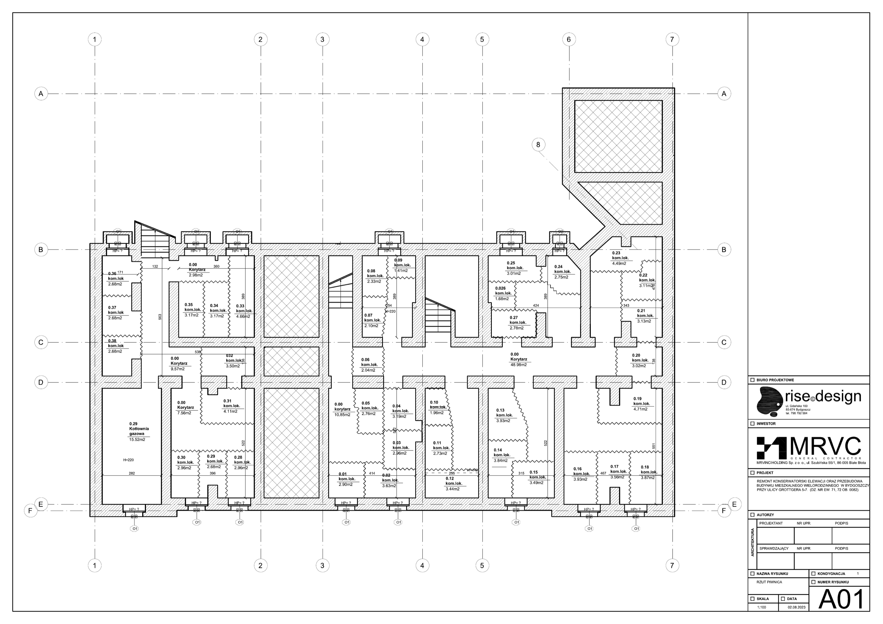 Architectural floor plan drawing showing typical upper floor apartment layout with units ranging from 25 to 49 square metres and shared corridor access