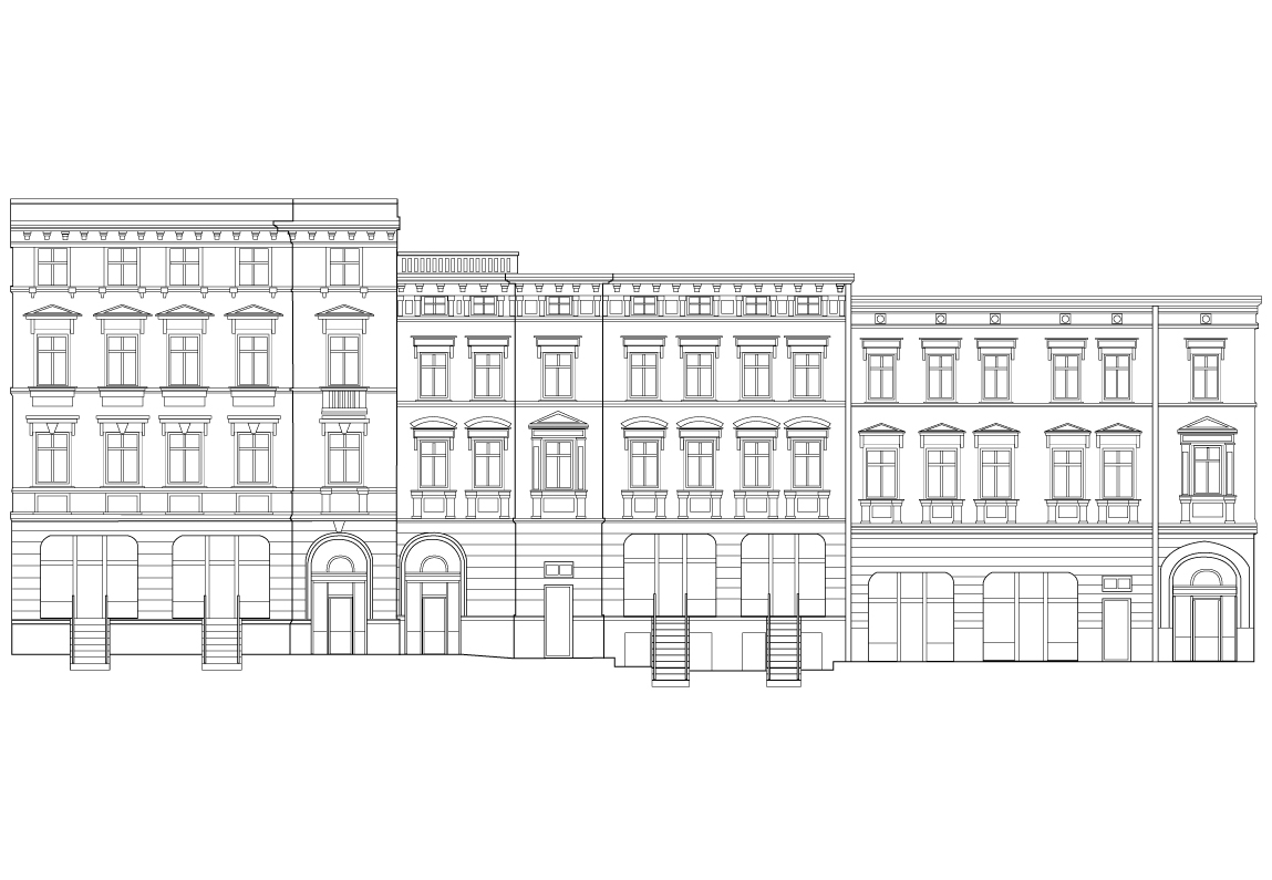 Technical facade elevation drawing showing all three buildings side by side, neoclassical architectural details, ground floor commercial, upper residential floors