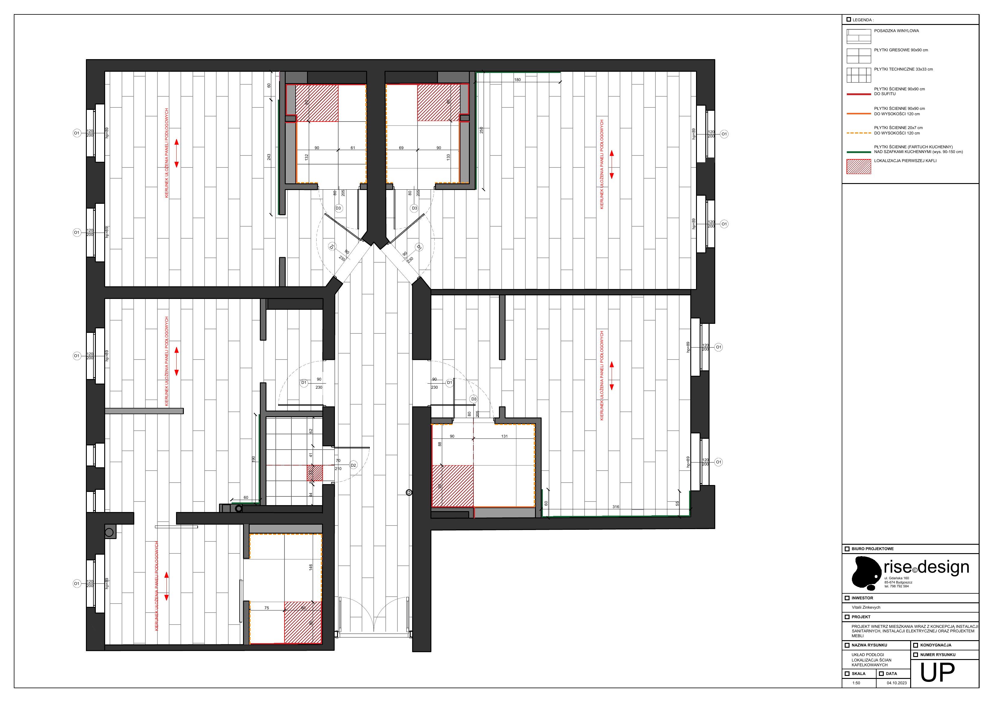Drawing: general layout plan UO at 1:50 scale showing four rental units per floor with shared corridor spine, wet cores, and kitchenette zones