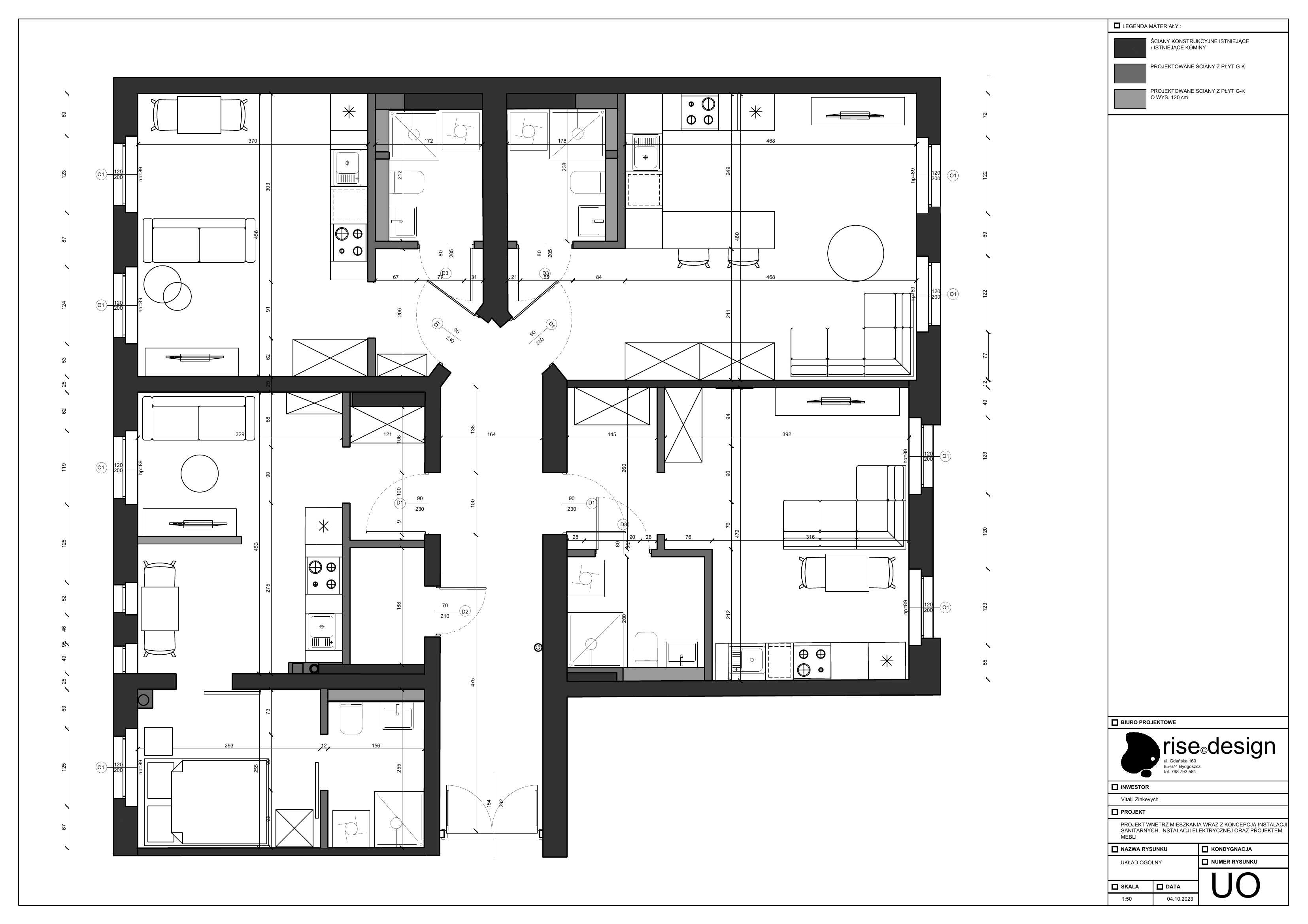 Drawing: floor finishes plan UP at 1:50 scale showing PVC vinyl plank zones, gres tile areas, tile direction callouts, and material boundaries for units