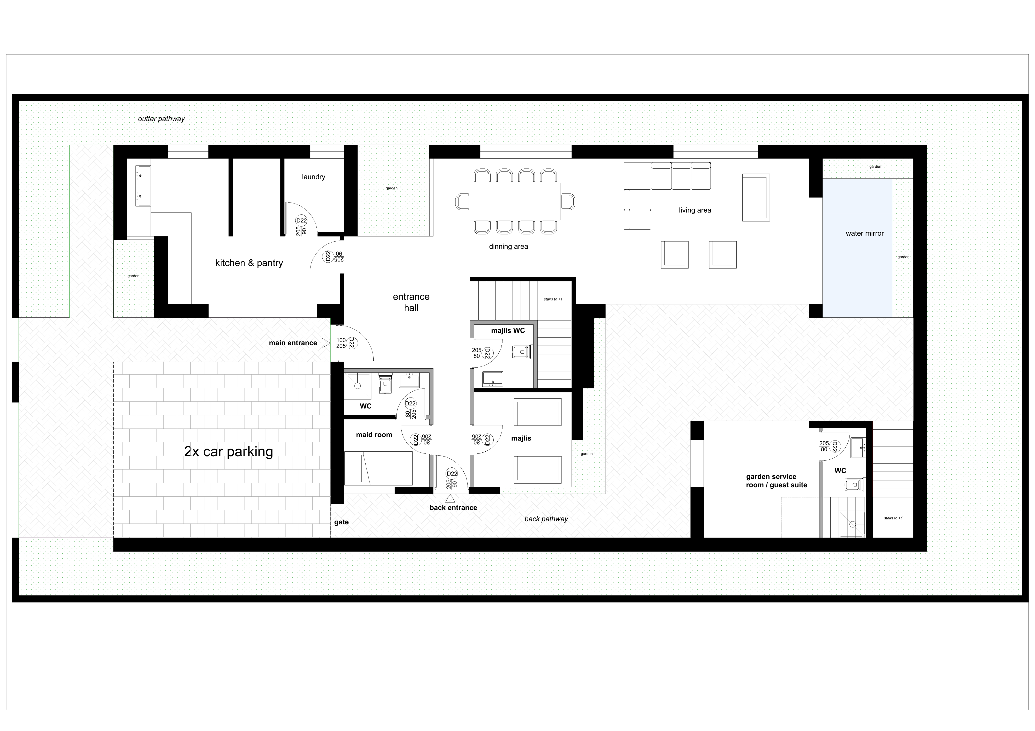 Drawing: upper floor plan showing main suite with closet and ensuite, multiple bedrooms, office or flexible room, shared WCs, balconies, and courtyard garden relationship below