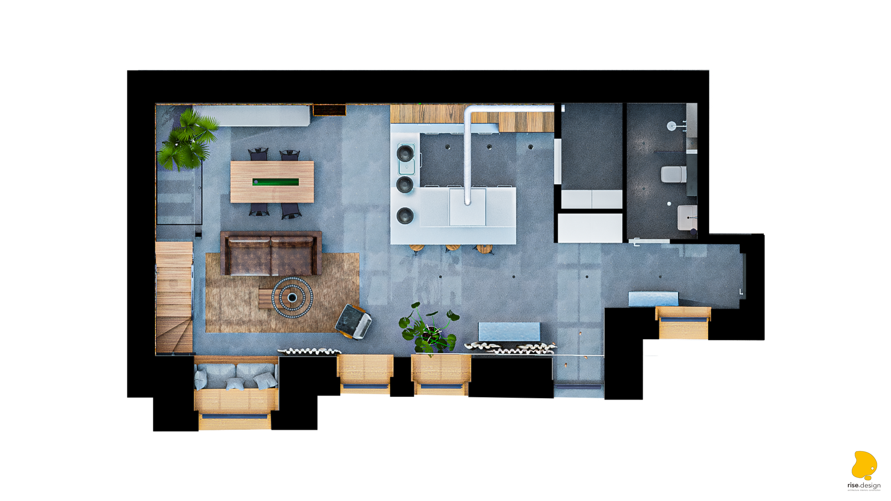 Rendered ground floor plan showing open-plan living room, kitchen with steel island, dining area, vestibule, WC, and pantry