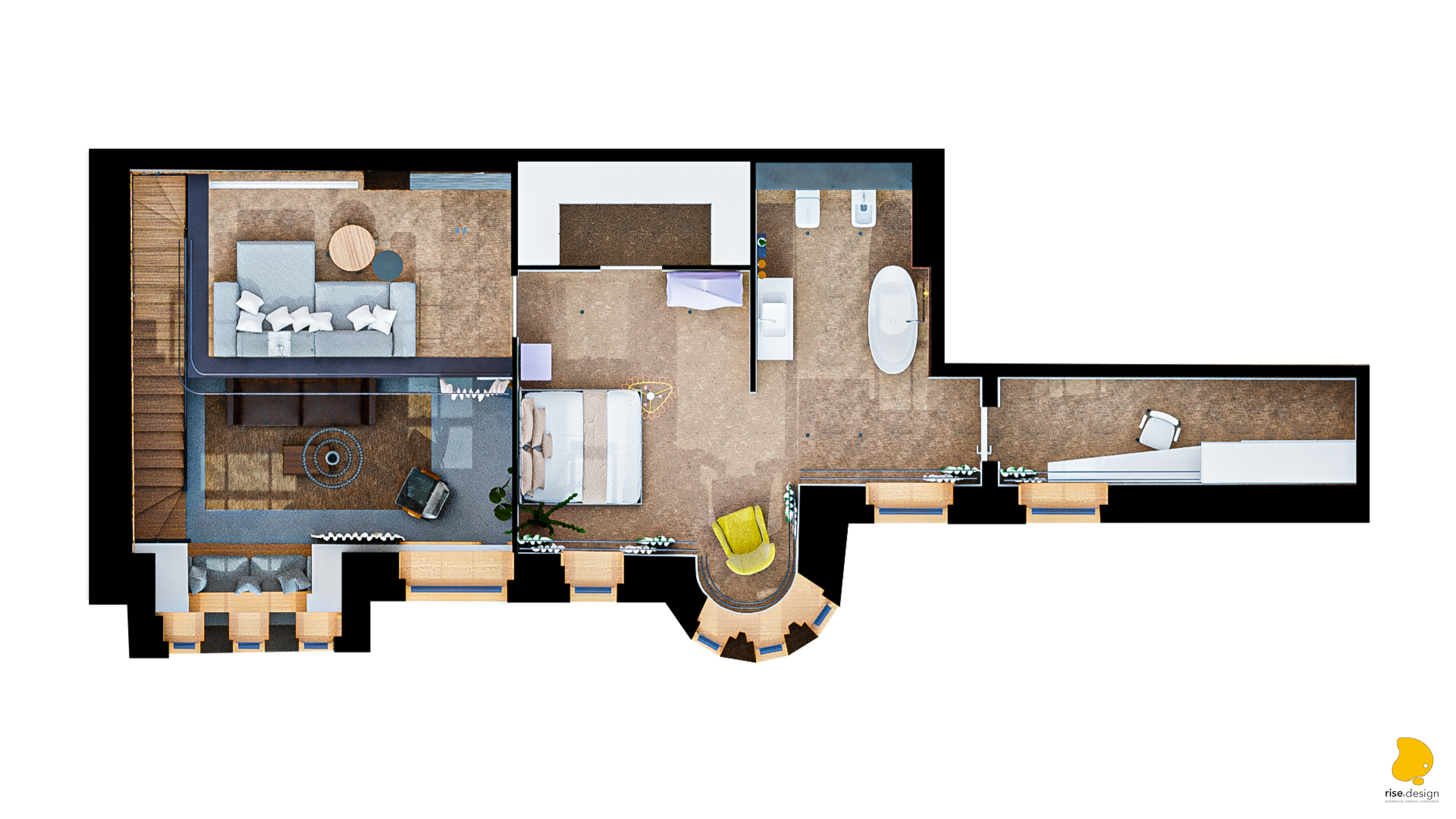 Rendered upper floor plan showing mezzanine cinema lounge, bedroom, semi-open bathroom with freestanding tub, walk-in closet, and study