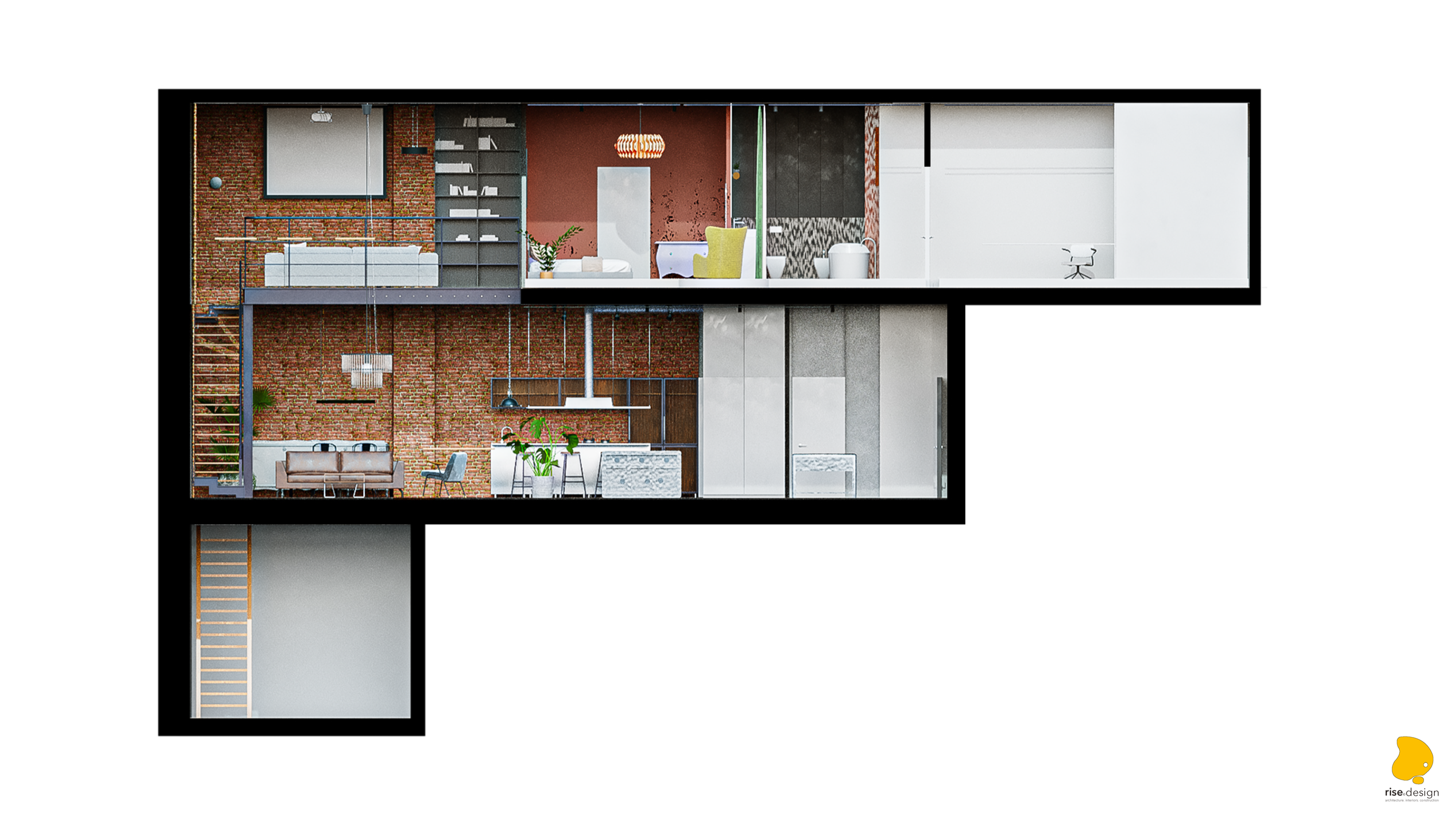 Longitudinal cross-section render showing double-height living space, steel staircase, mezzanine floor slab on steel column, and upper level bedroom and bathroom