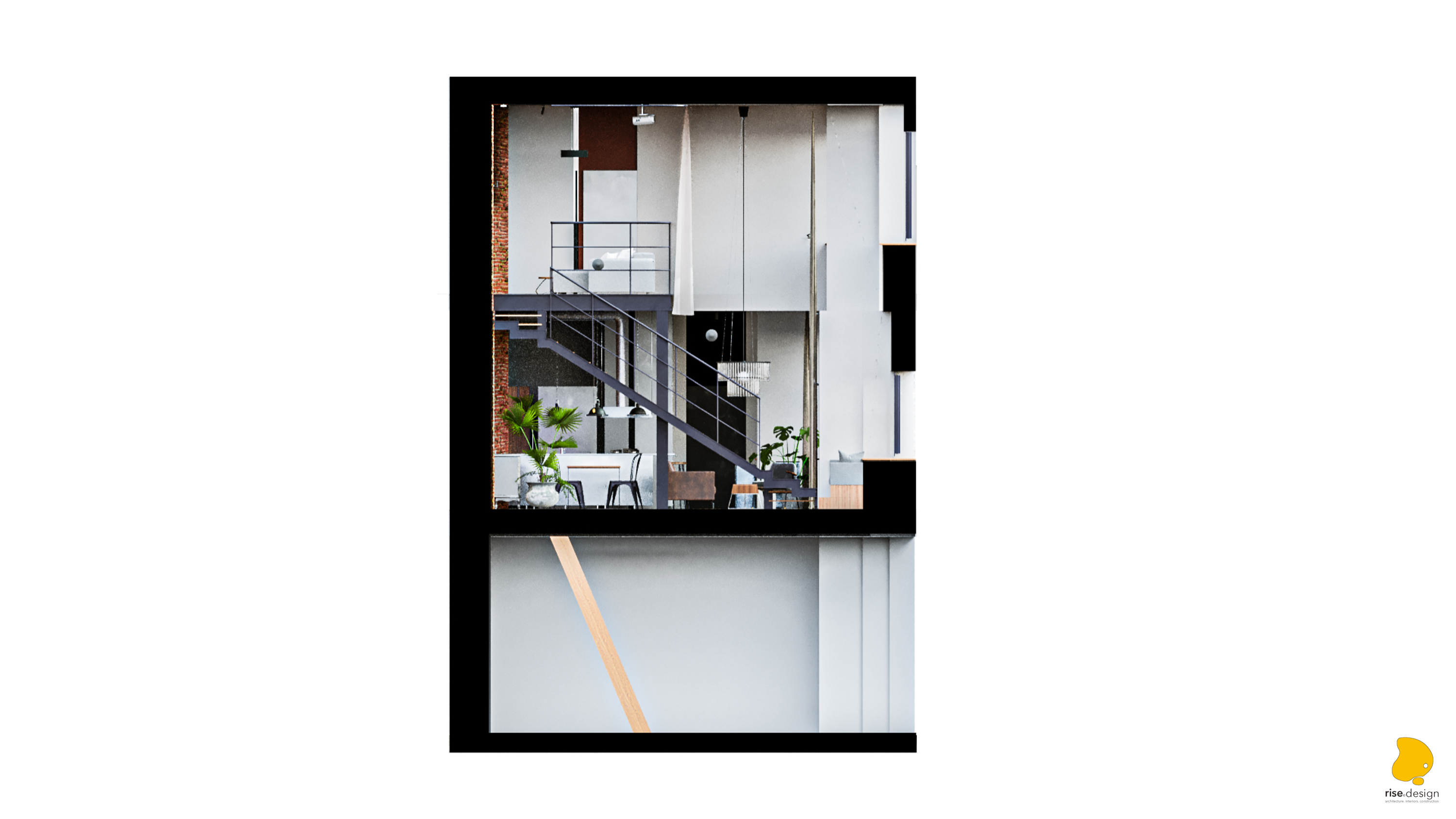 Transverse cross-section render showing heritage ceiling heights, exposed brick walls spanning both levels, mezzanine steel structure, and glass railing