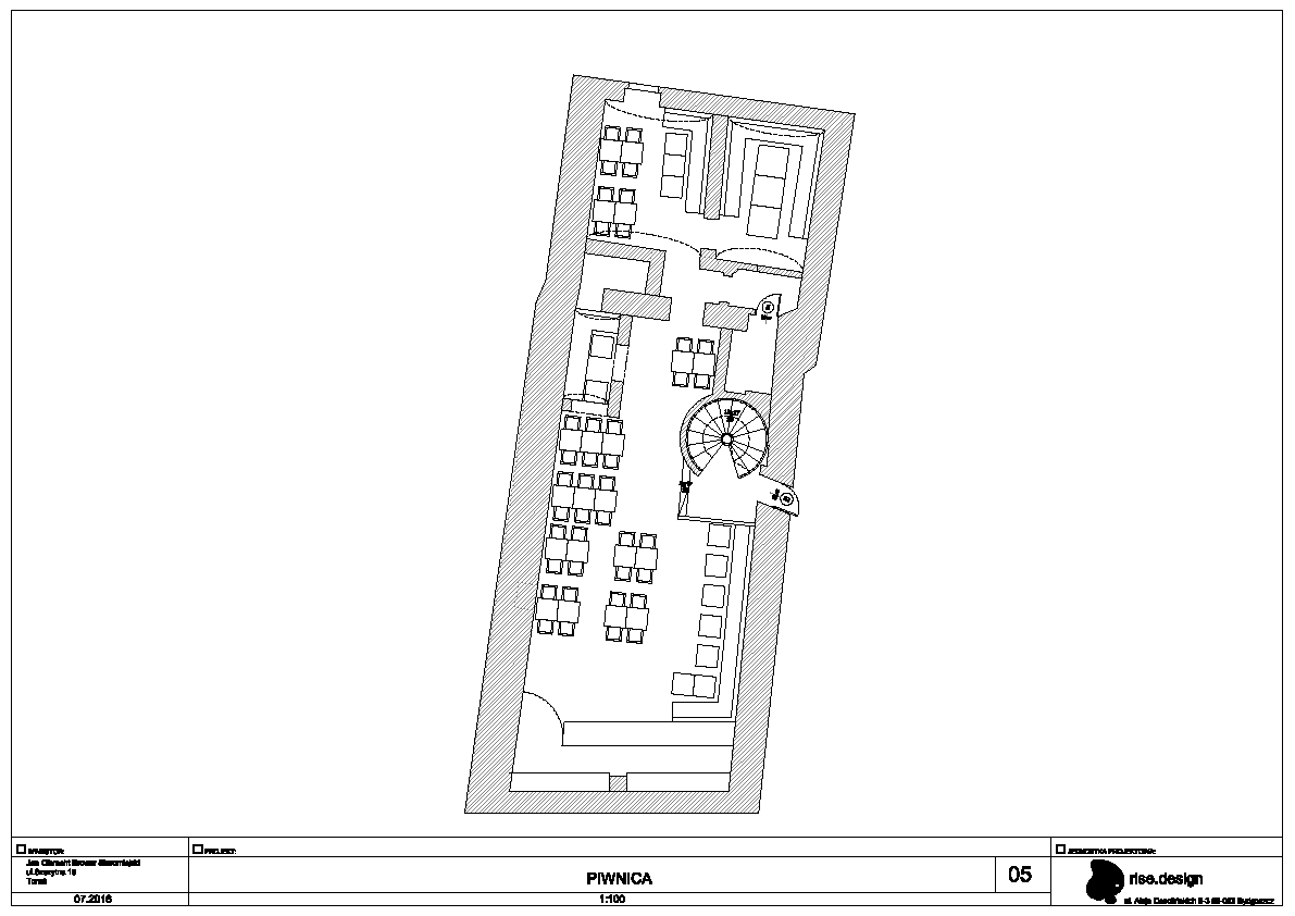 Drawing: furniture layout plan showing table, chair, and fixture placement within the restaurant space with spatial arrangement and functional zones from above