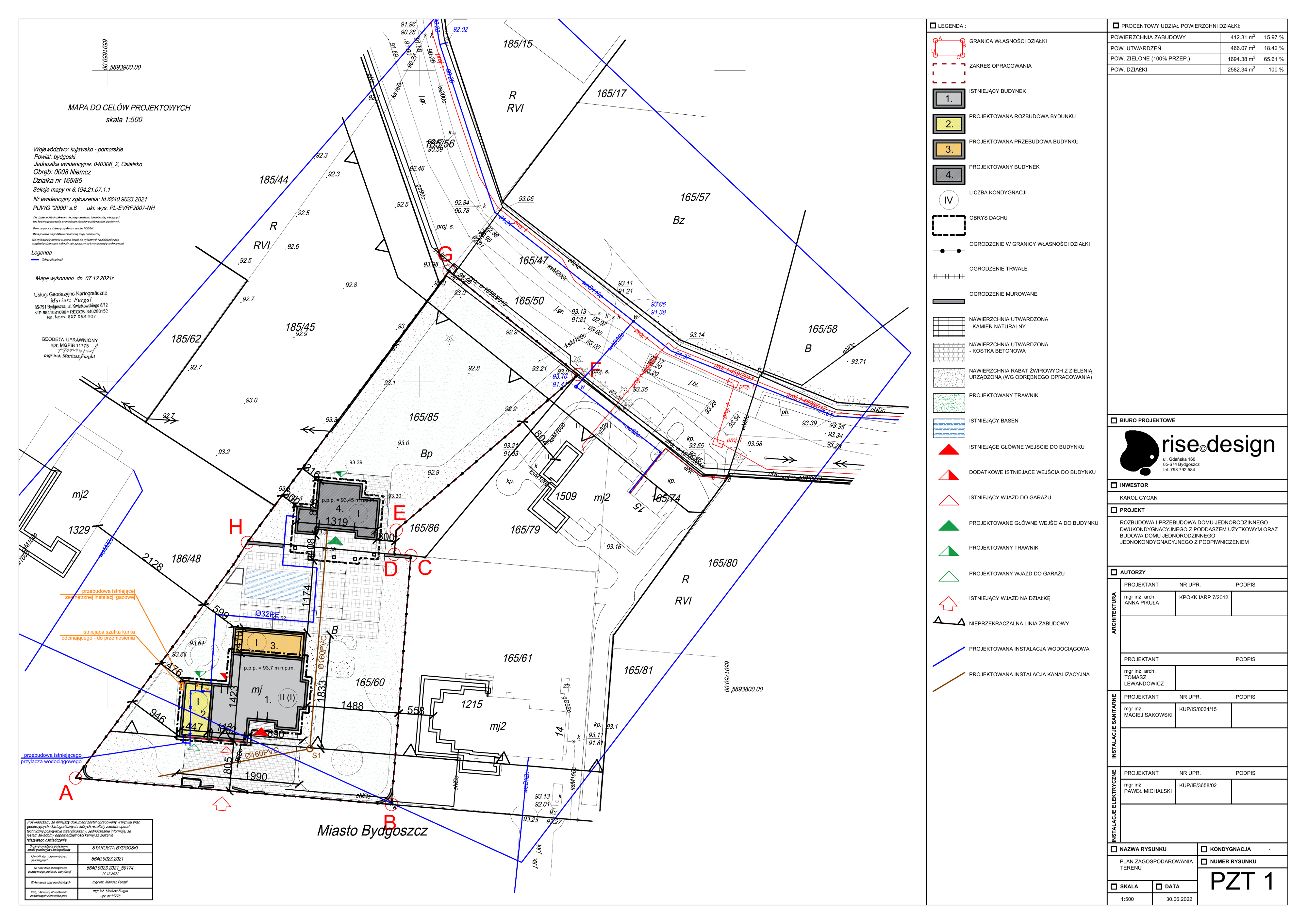 Drawing: PZT 1 full estate site plan at 1:500 showing both plots 165/60 and 165/85, existing main house, new pool house footprint, swimming pool, and landscape layout