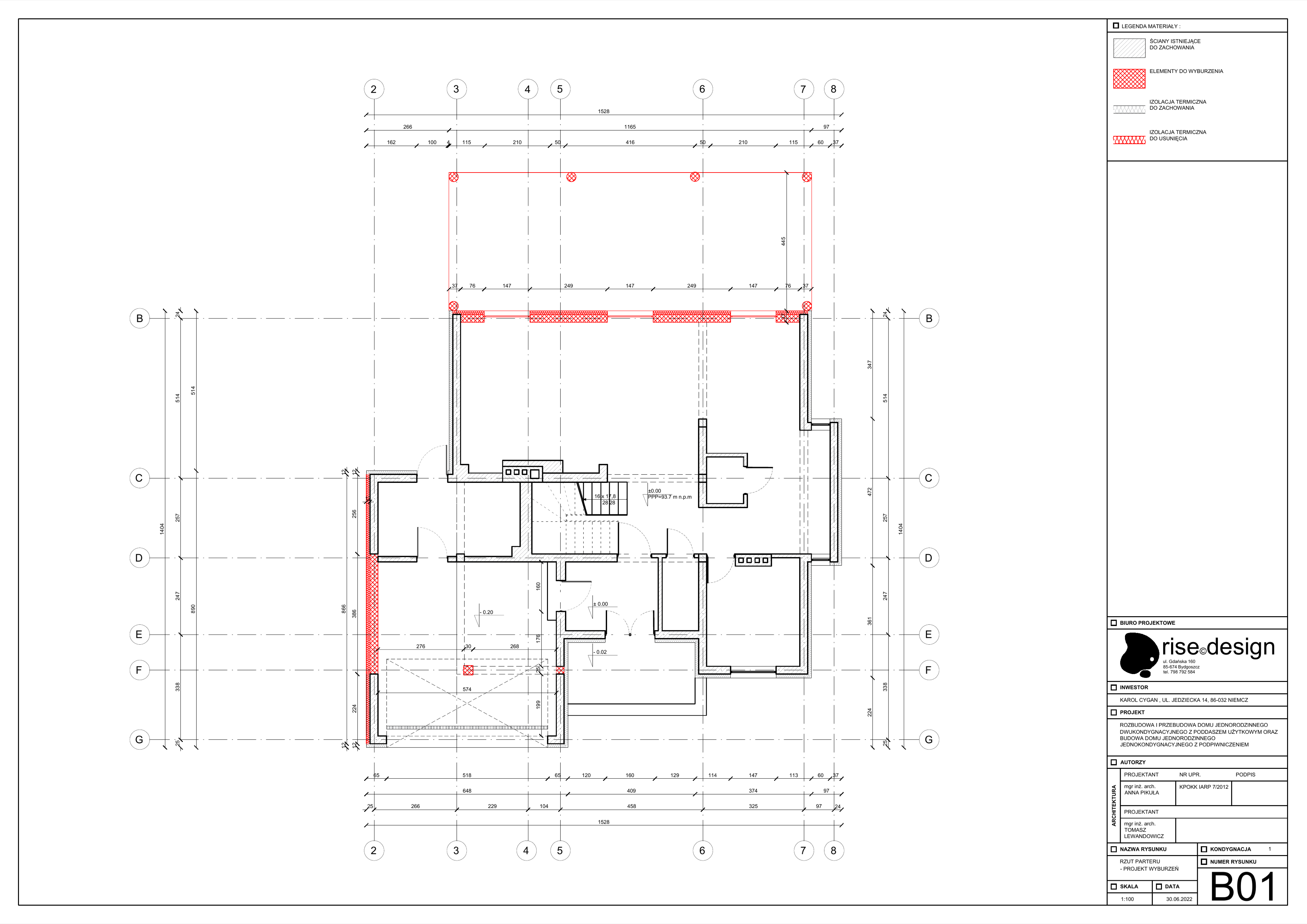 Drawing: B01 main house ground floor demolition plan at 1:100 with walls to remove marked in red, existing room layout, and garage zone for triple-bay extension