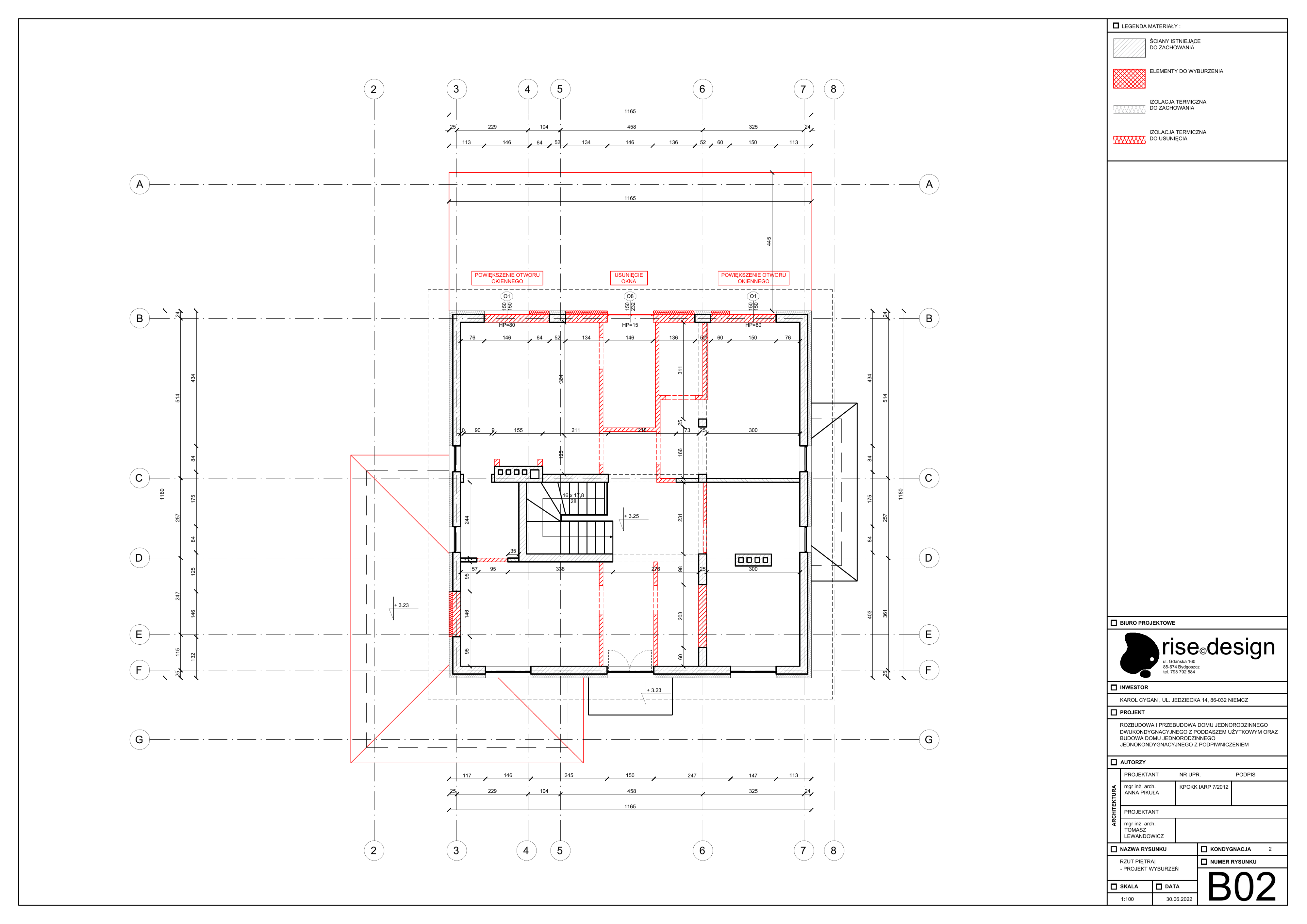 Drawing: B02 main house first floor demolition plan at 1:100 showing red-highlighted extension areas for new terraces and bedroom reconfiguration