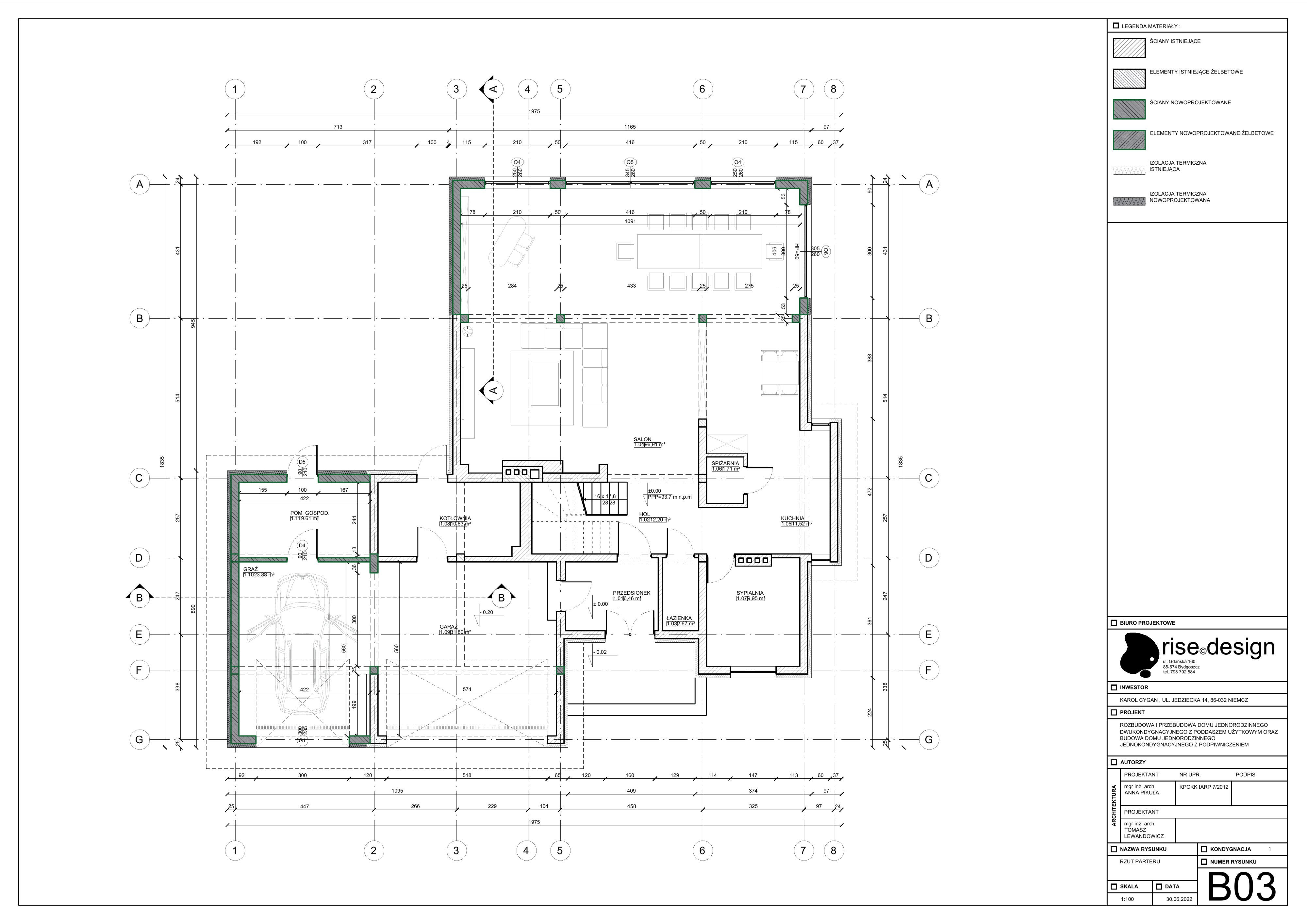 Drawing: B03 main house ground floor final layout at 1:100 with 96.48 square metre salon, triple-bay garage, kitchen, entrance hall, and green-highlighted new walls