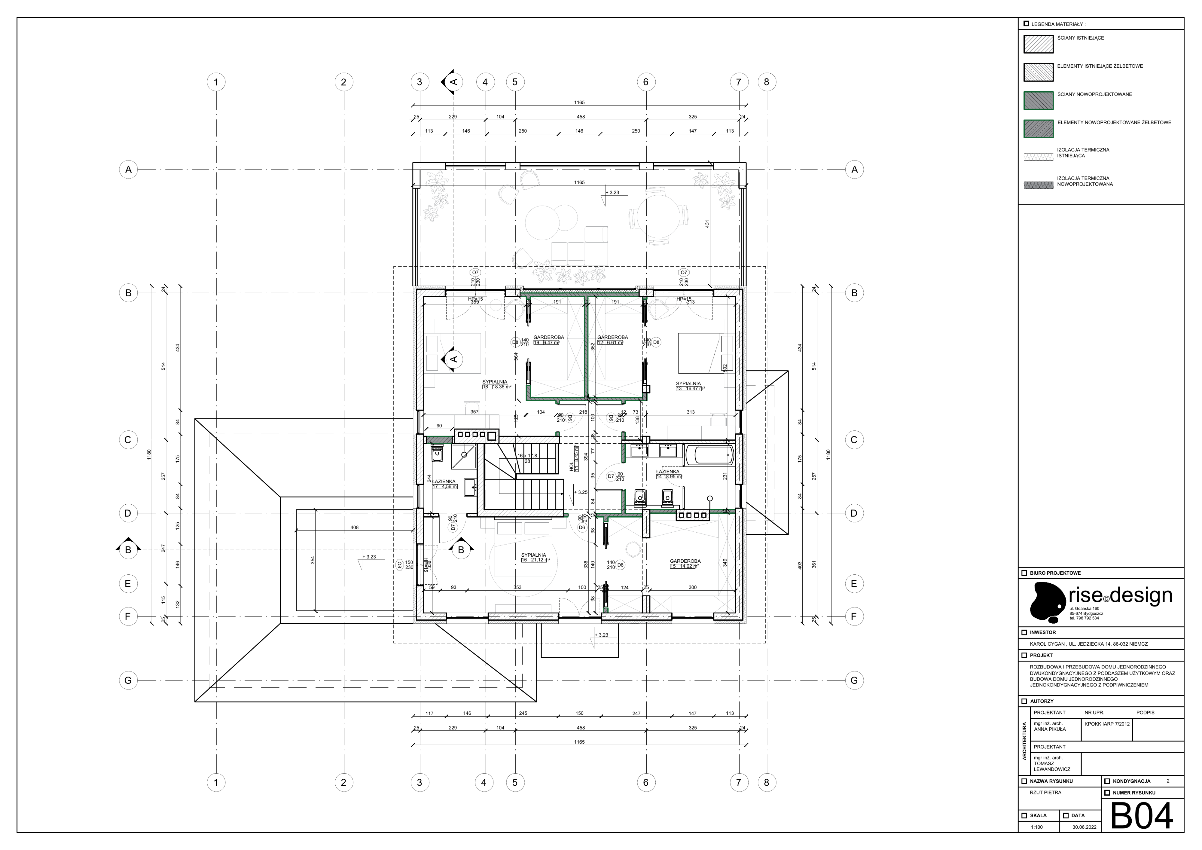 Drawing: B04 main house first floor final layout at 1:100 showing master suite with en-suite bathroom, two additional bedrooms with walk-in closets, and south-west terraces