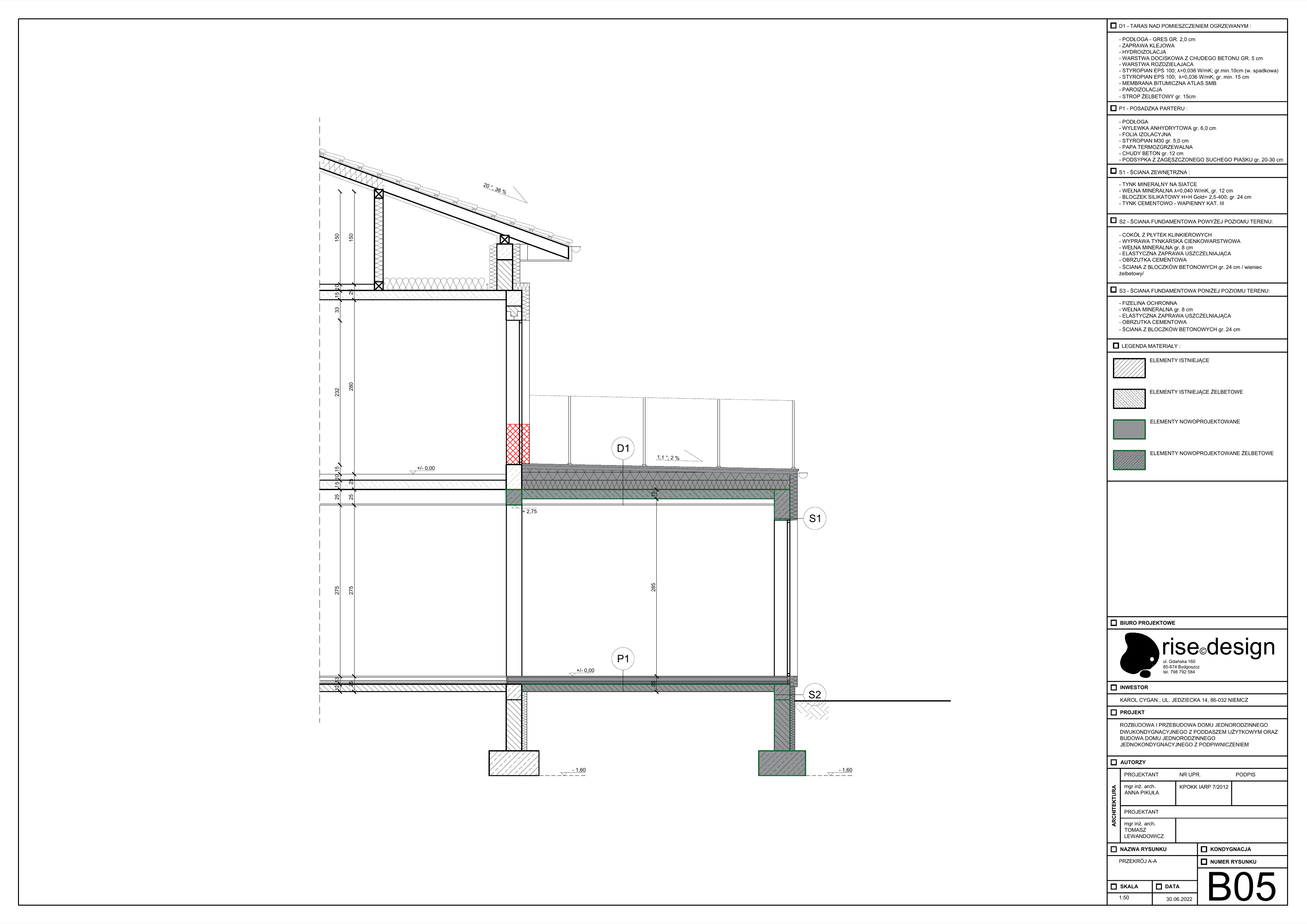 Drawing: B05 main house building section at 1:50 showing two storeys with attic, timber roof structure, foundation strips, thermal insulation layers, and floor slab construction