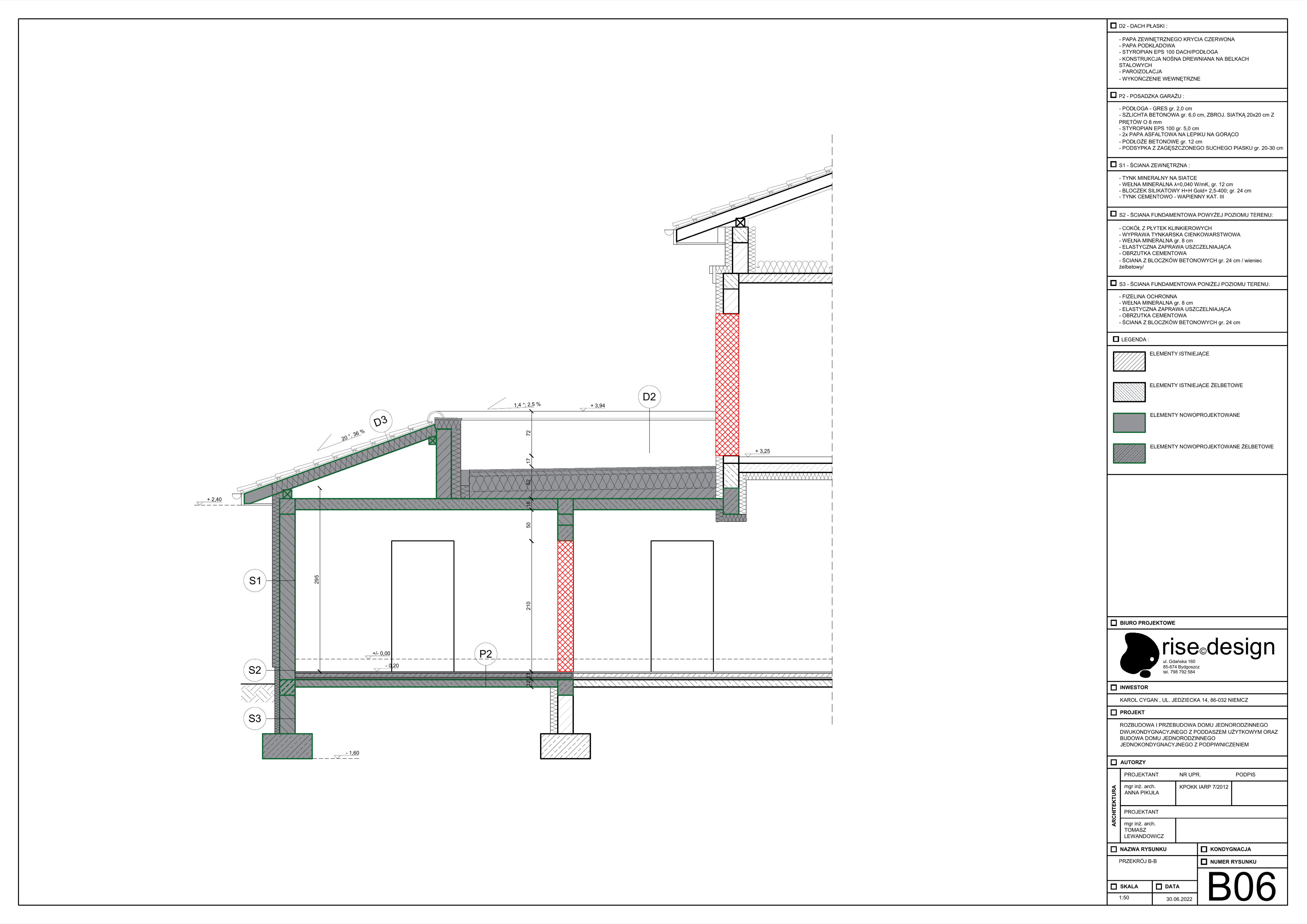 Drawing: B06 main house section through extension showing garage bay, staircase, first floor rooms, and basement connection with foundation detail specifications