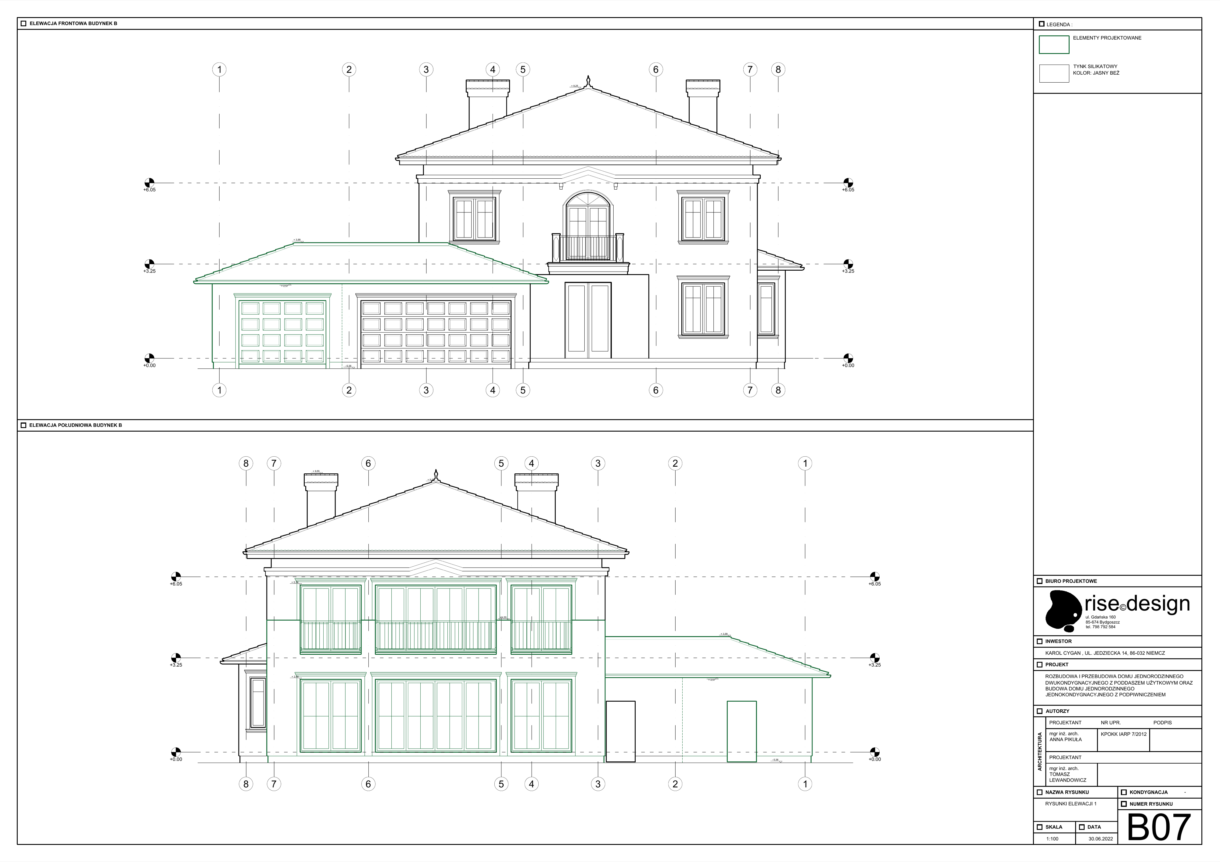 Drawing: B07 main house front and rear elevations at 1:100 showing Mediterranean facade with terracotta hipped roof, arched ground-floor windows, wrought-iron balconies, and beige silicone render