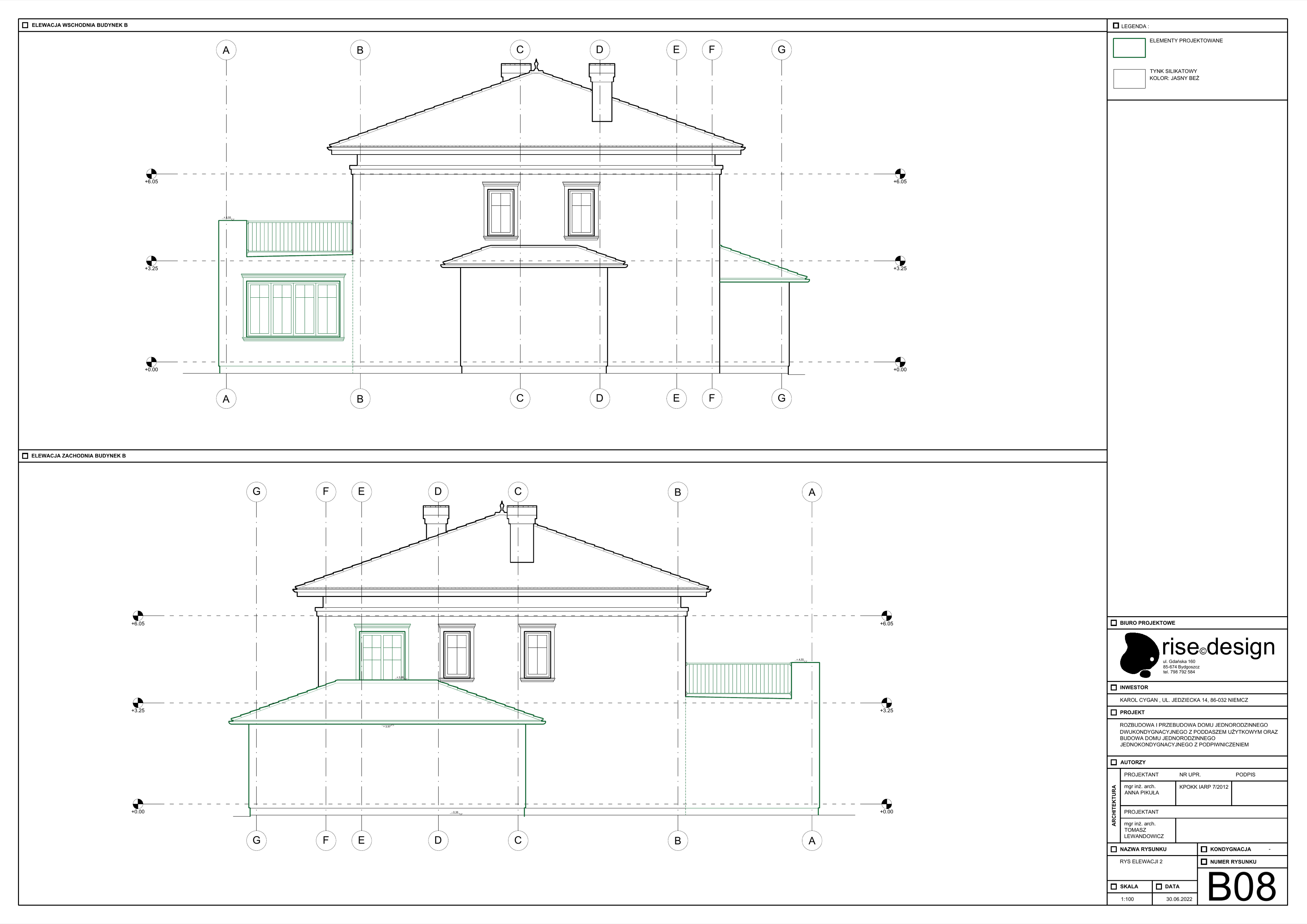 Drawing: B08 main house side elevations at 1:100 showing garage extension in green, chimney stacks, Mediterranean roof tiles, and wrought-iron first-floor balcony railings