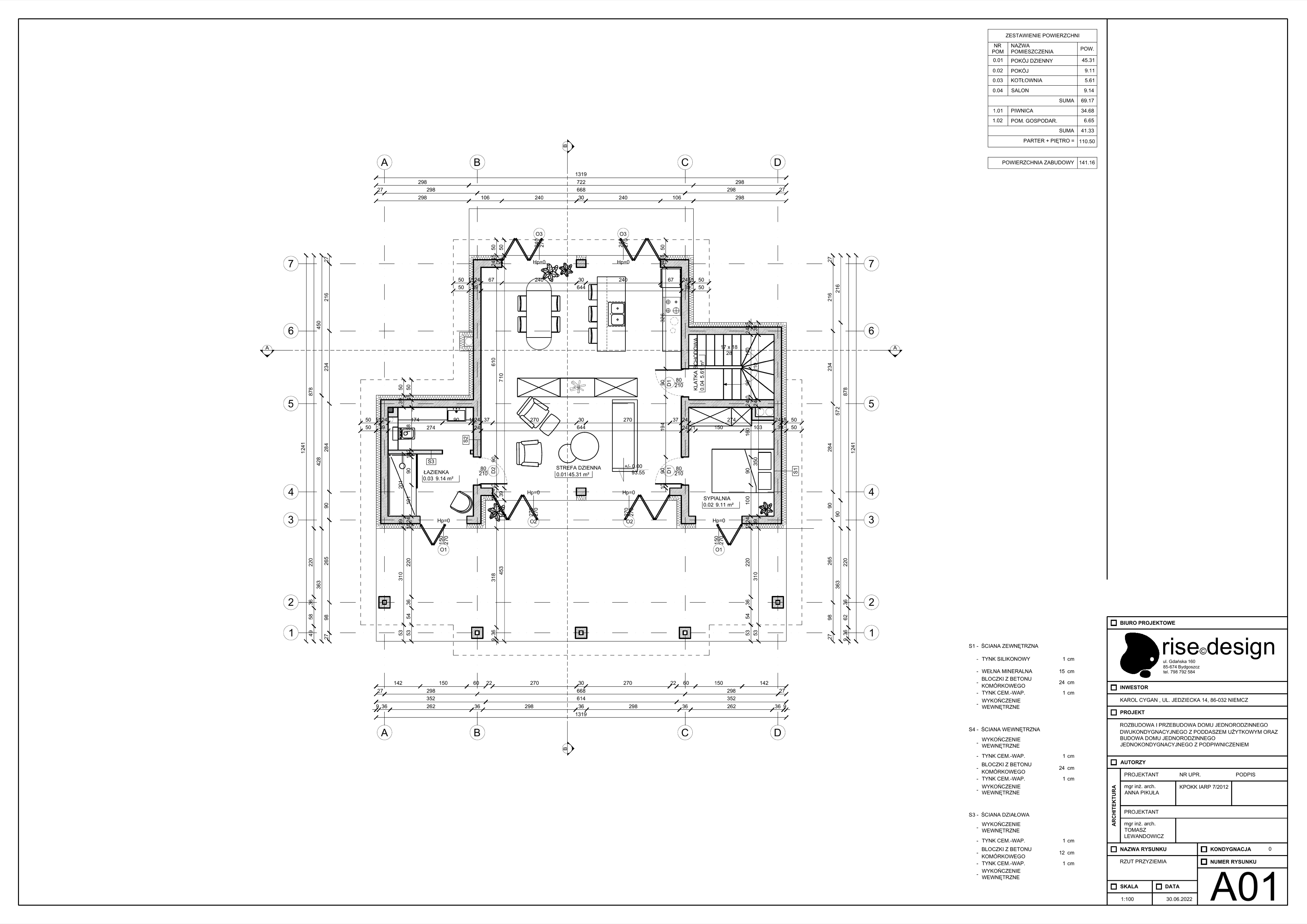 Drawing: A01 pool house ground floor plan at 1:100 with 45.31 square metre living room with fireplace, kitchen bar, bedroom with four-poster bed, bathroom, and staircase to bunker