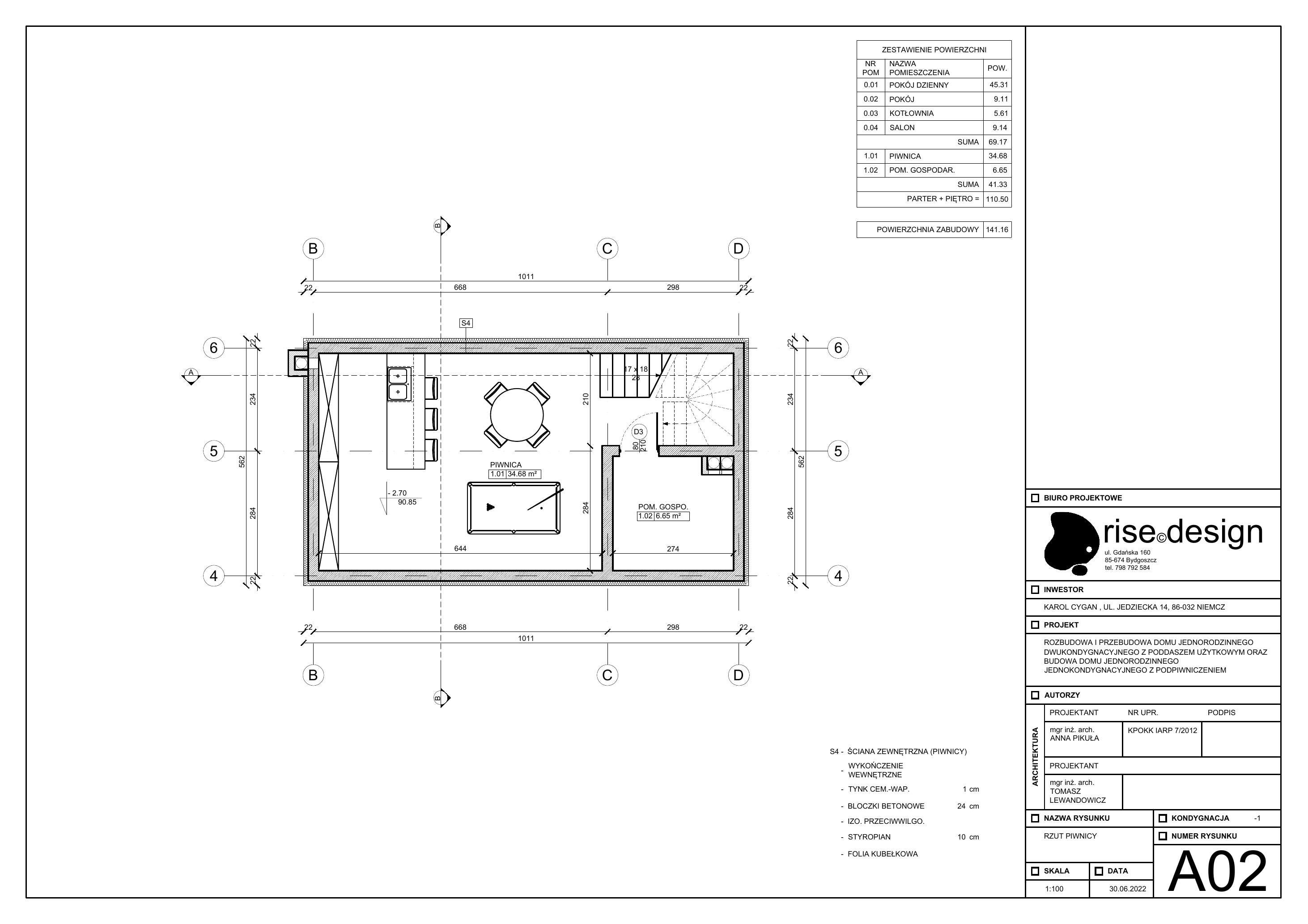 Drawing: A02 pool house basement bunker plan at 1:100 showing 34.68 square metre recreation room with billiard table, poker table, wine rack wall, wet bar, and 6.65 square metre technical room