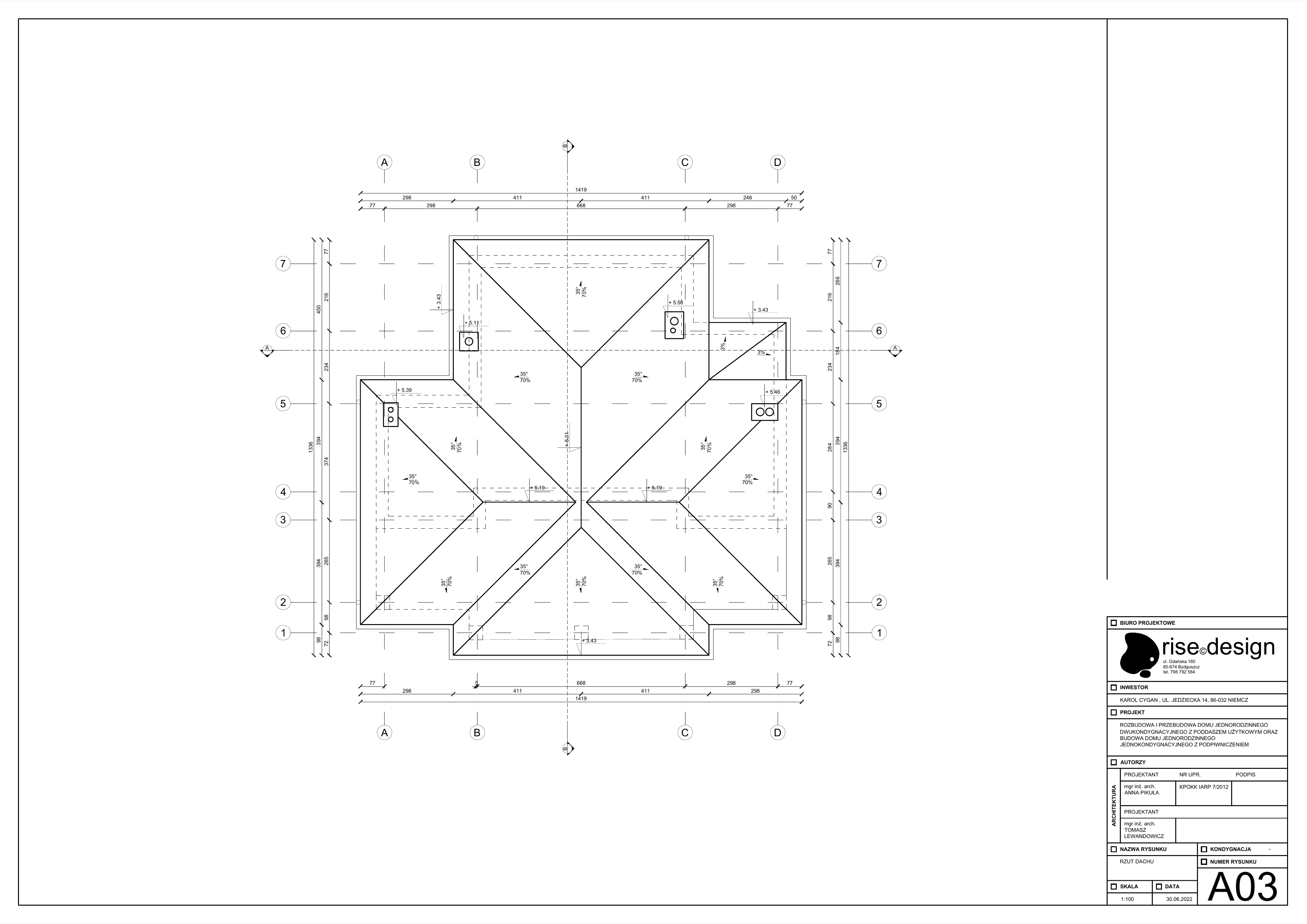 Drawing: A03 pool house roof plan at 1:100 showing multi-hipped ceramic tile roof geometry with ridge lines, chimney positions, and flat roof section over stairwell