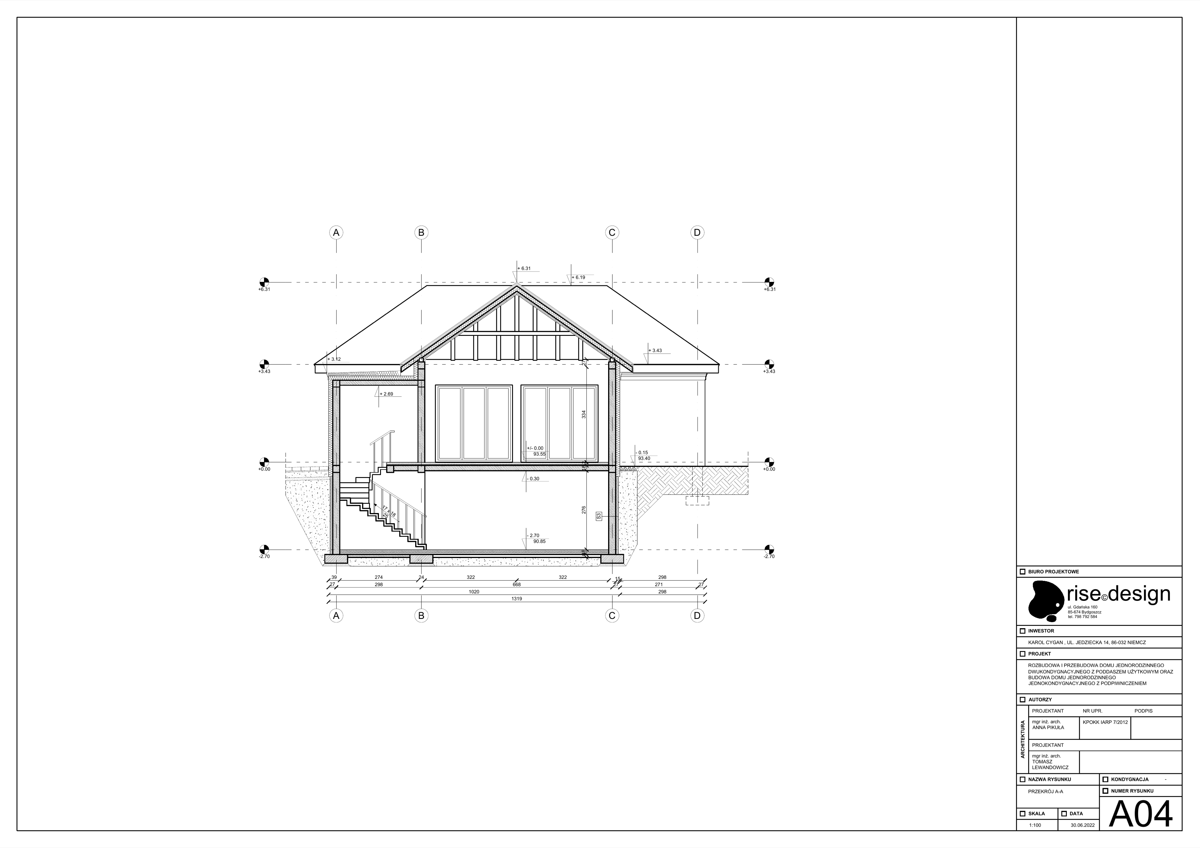 Drawing: A04 pool house section A-A at 1:50 showing exposed timber king-post trusses above ground floor living space and underground bunker recreation room below with staircase connection