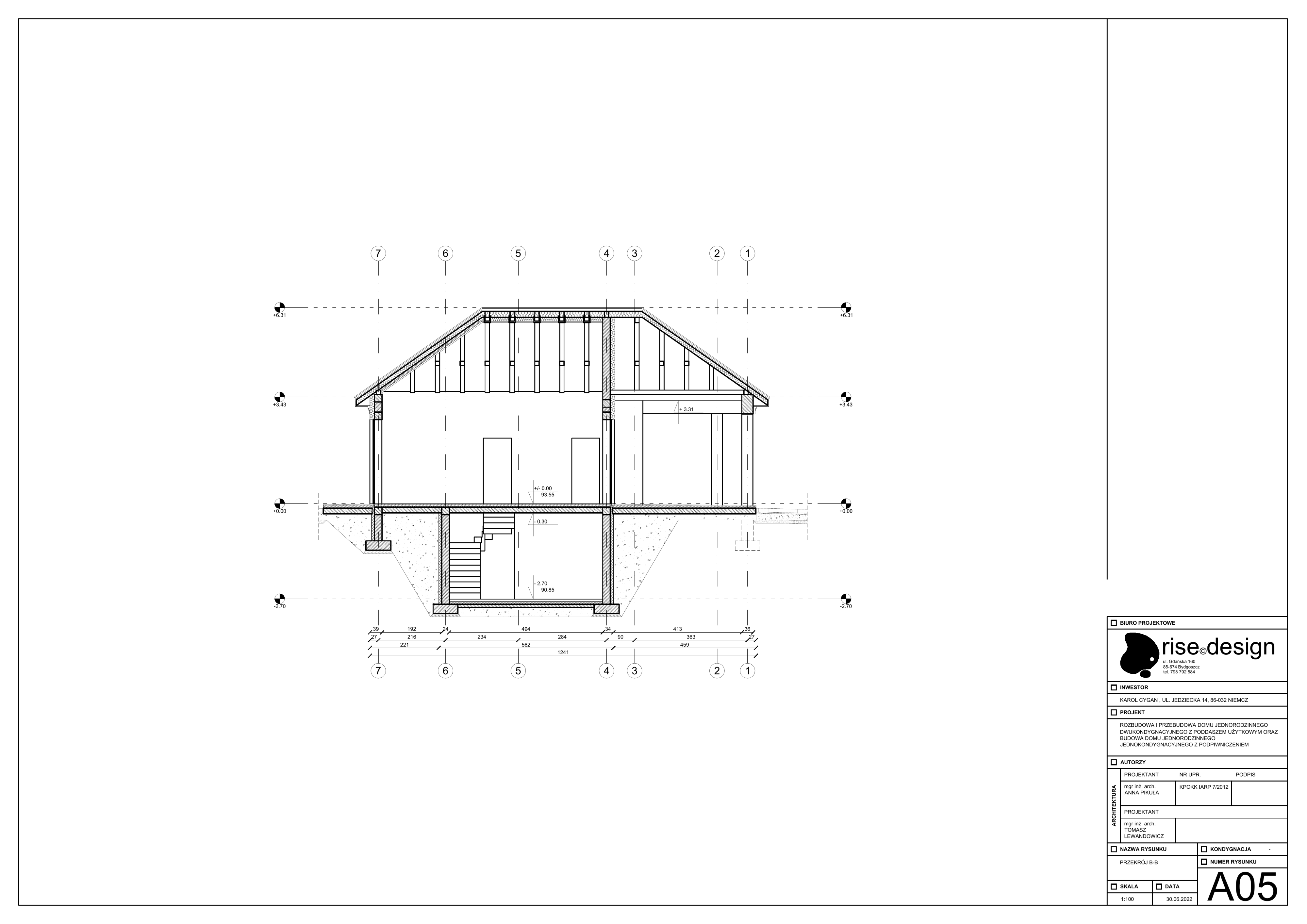 Drawing: A05 pool house section B-B at 1:50 showing bedroom wing under sloped roof, living area with cathedral ceiling, and staircase descent to basement bunker level