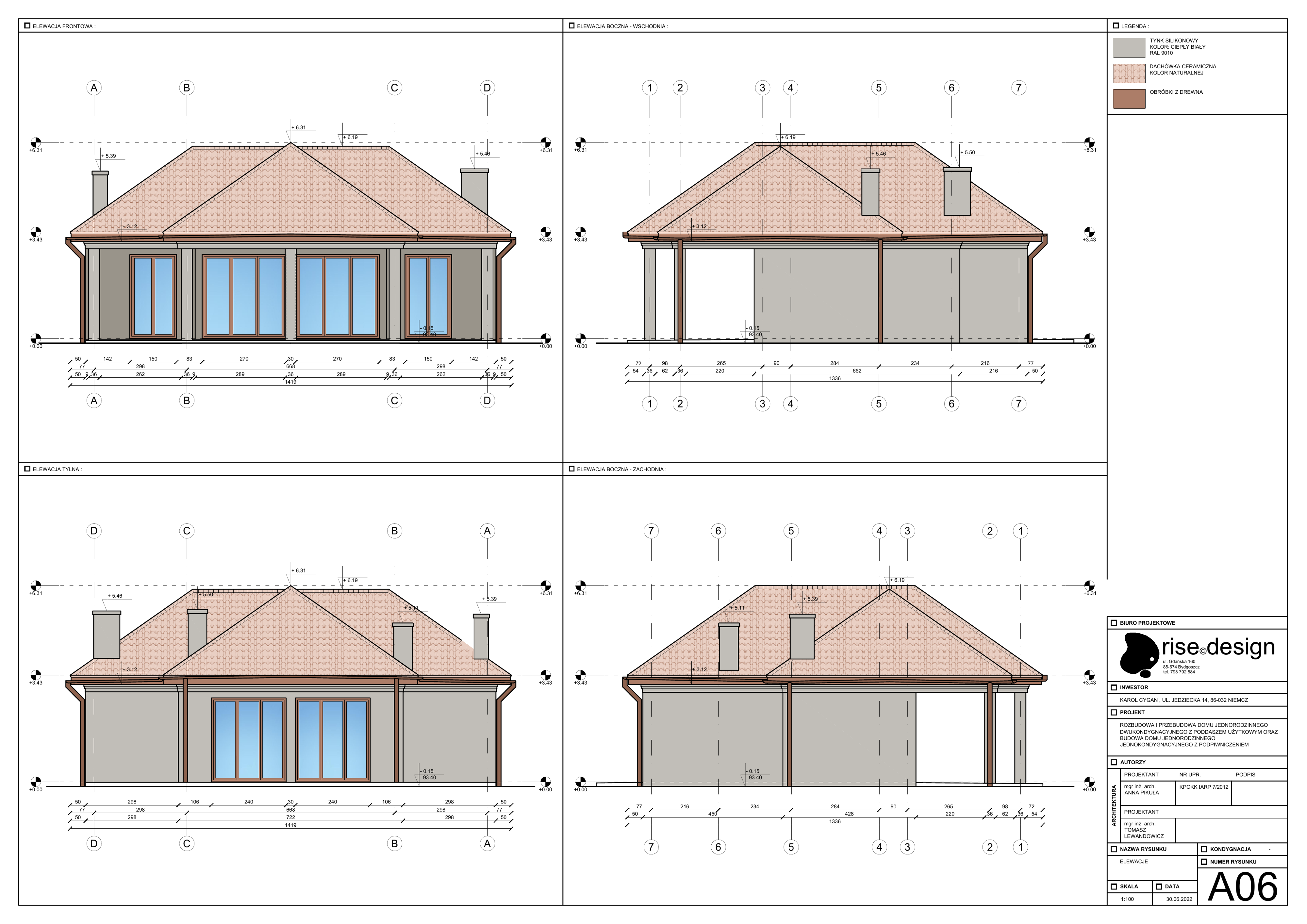 Drawing: A06 pool house four facade elevations at 1:100 showing Mediterranean styling with terracotta multi-hipped roof, colonnade portico with four square columns, and beige render walls