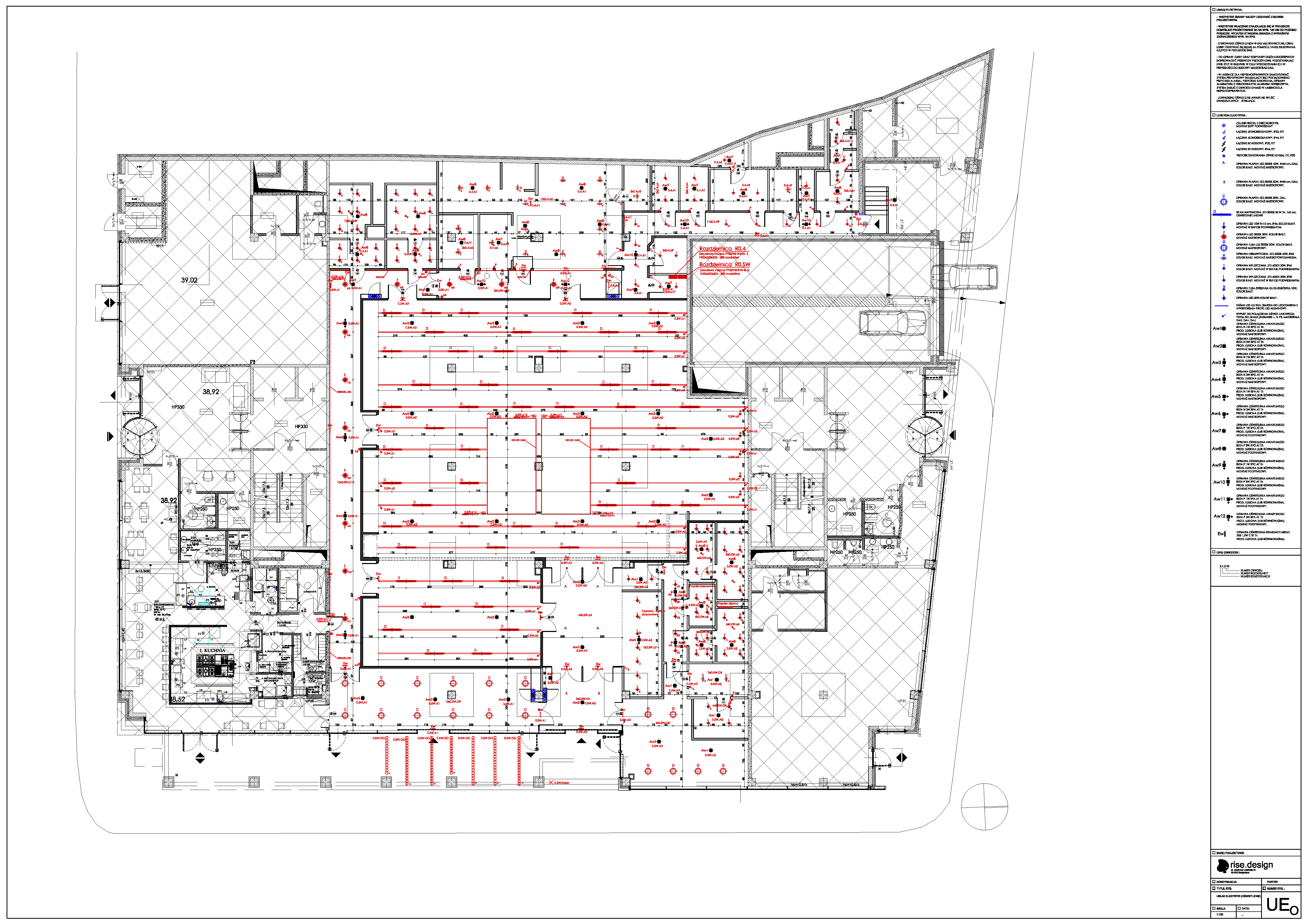 Drawing: design documentation page showing electrical layout with lighting circuit zones, switch positions, and dimming control areas
