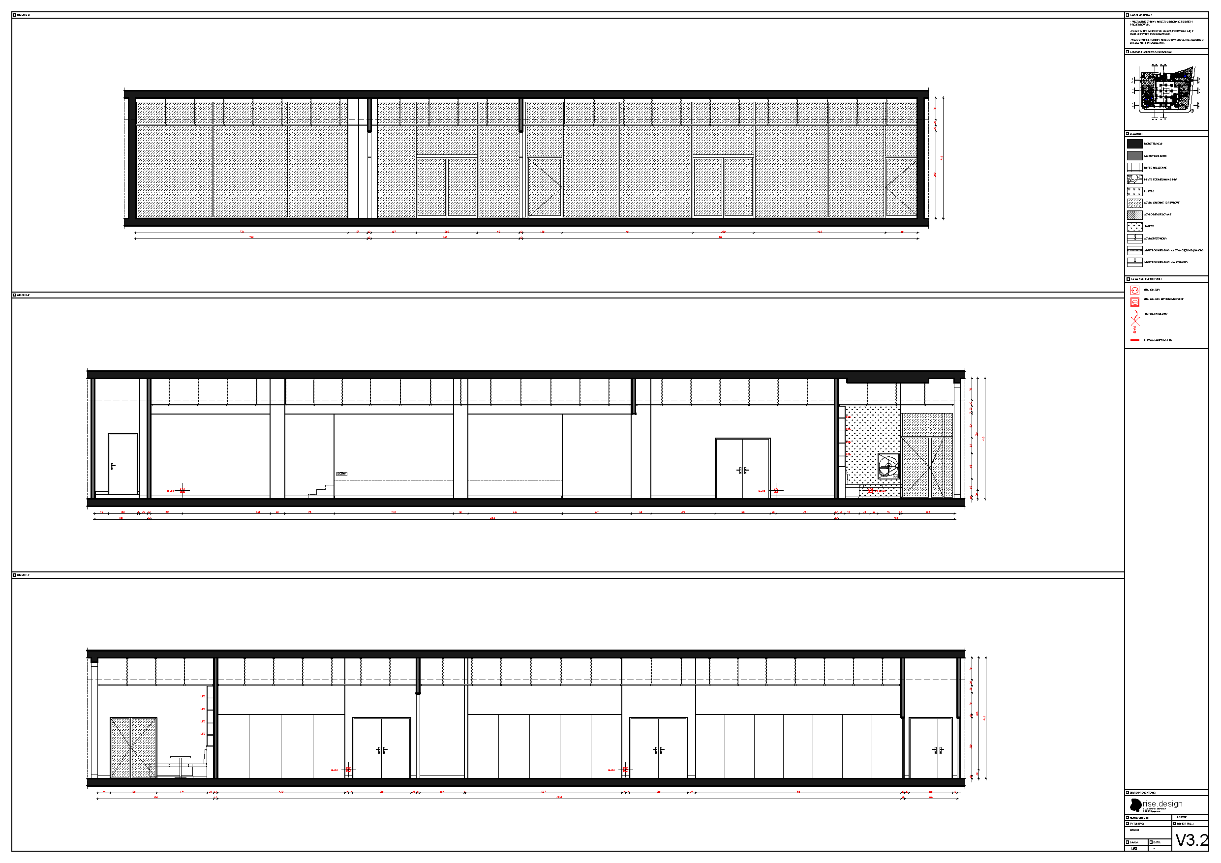 Drawing: design documentation page showing furniture specification schedule with Fameg chairs, MDD tables, and banquette dimensions