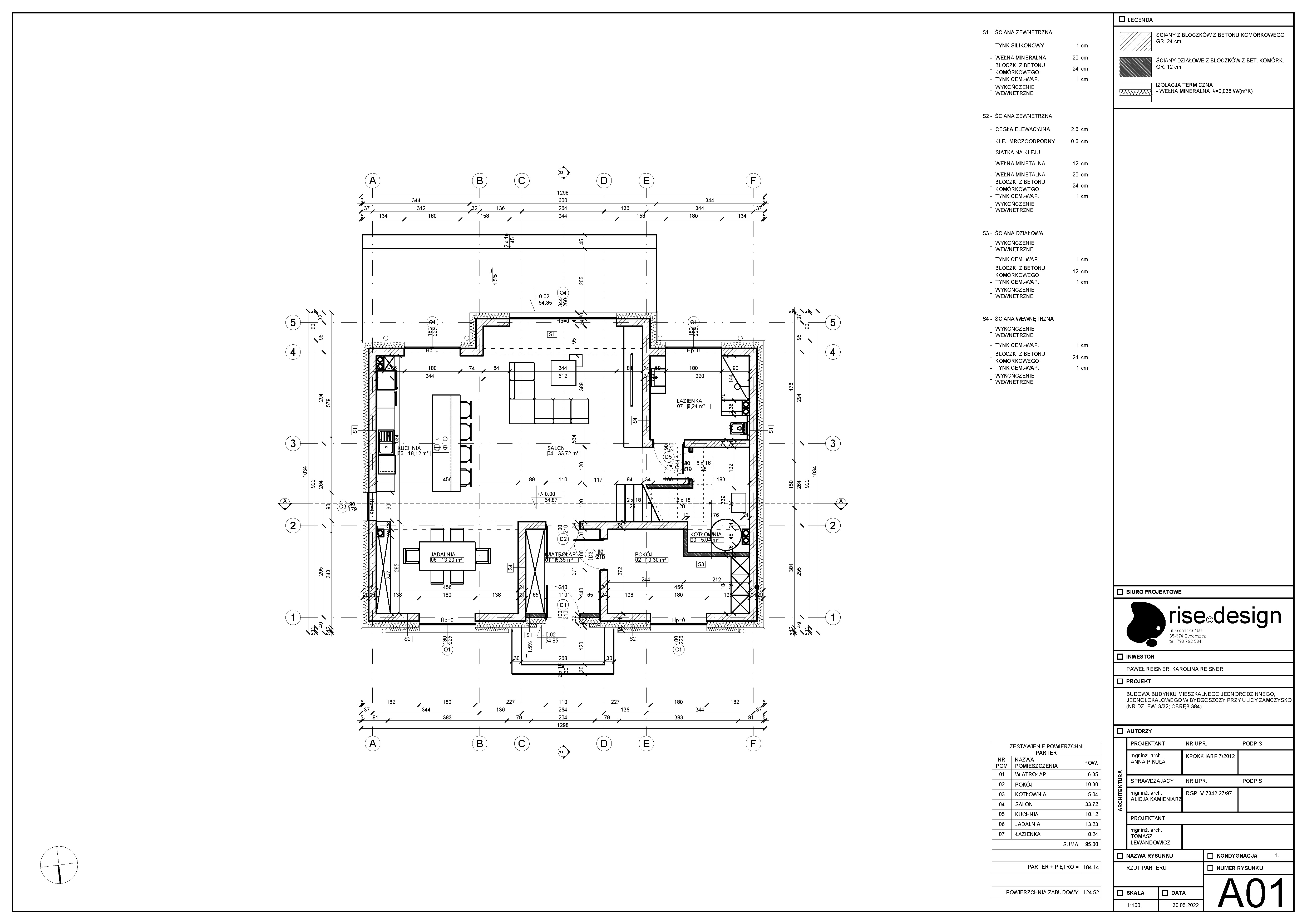 Drawing: all four building elevations at 1:100 scale with material legend showing white silicone plaster RAL 9010, beige facade brick RAL 7032, graphite ceramic roof tiles, and window types O1 through O5