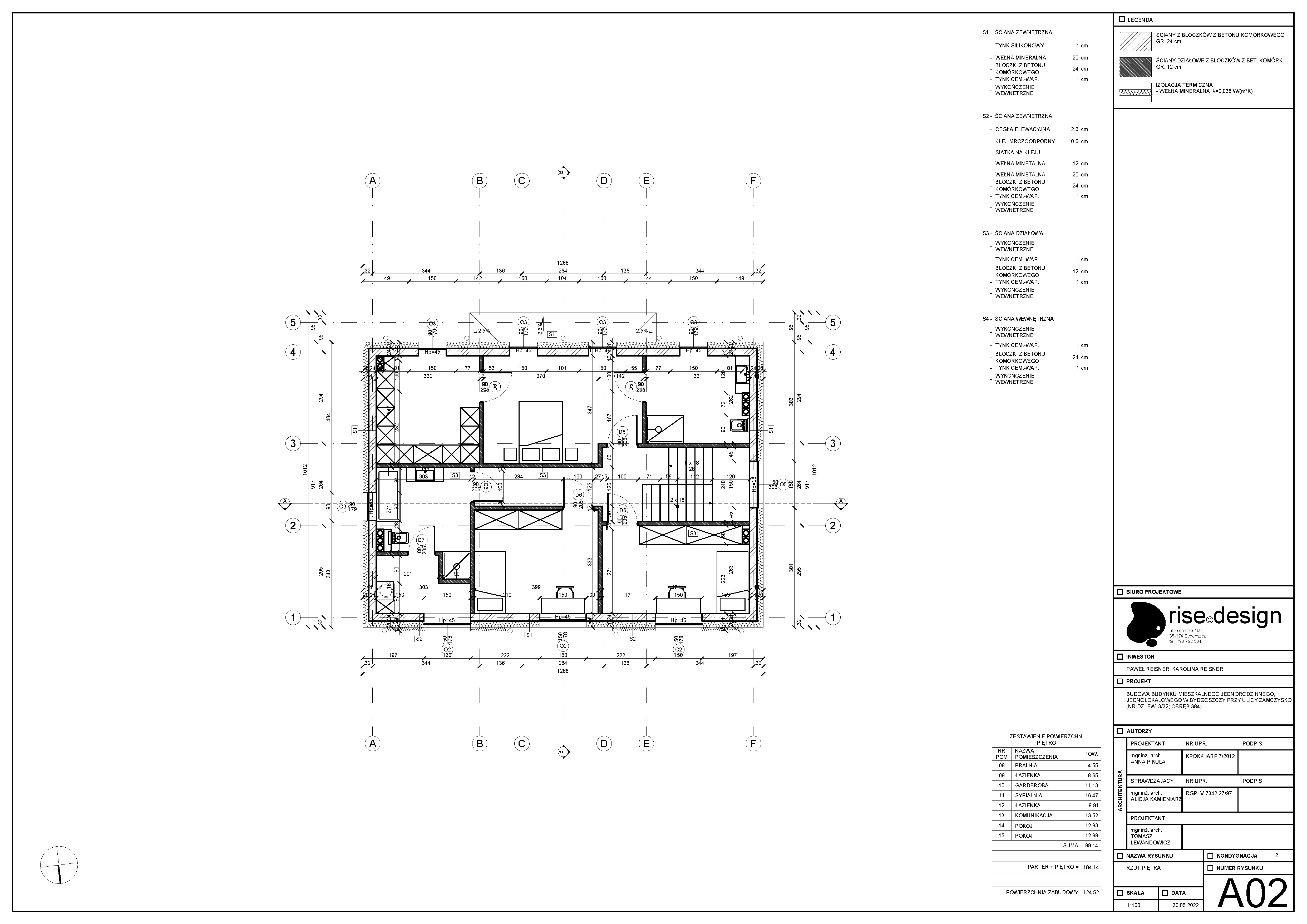Drawing: ground floor plan at 1:100 scale showing vestibule, open-plan living room with kitchen and dining, guest bedroom, bathroom, and structural grid A to F
