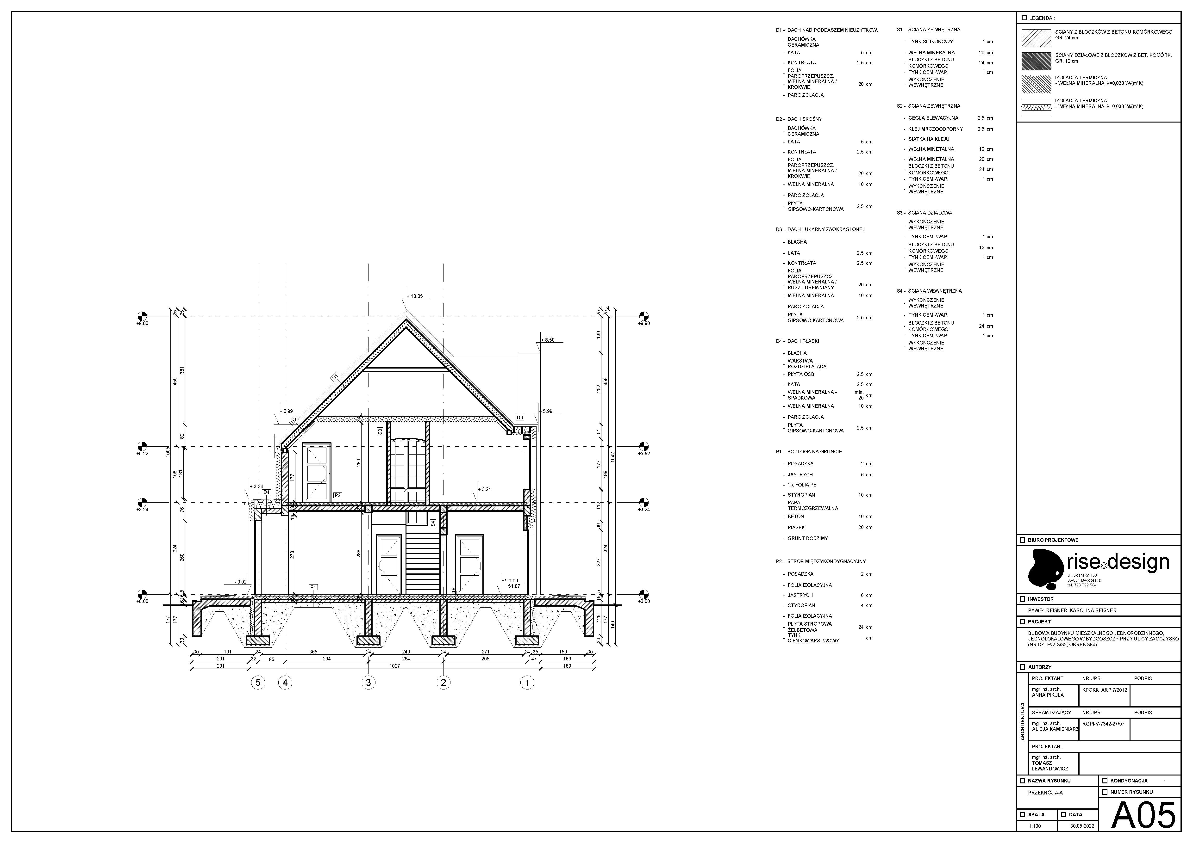 Drawing: Version 1 concept presentation showing five views of the full brick variant with grey brick facades, dark pergola, and concrete garden features