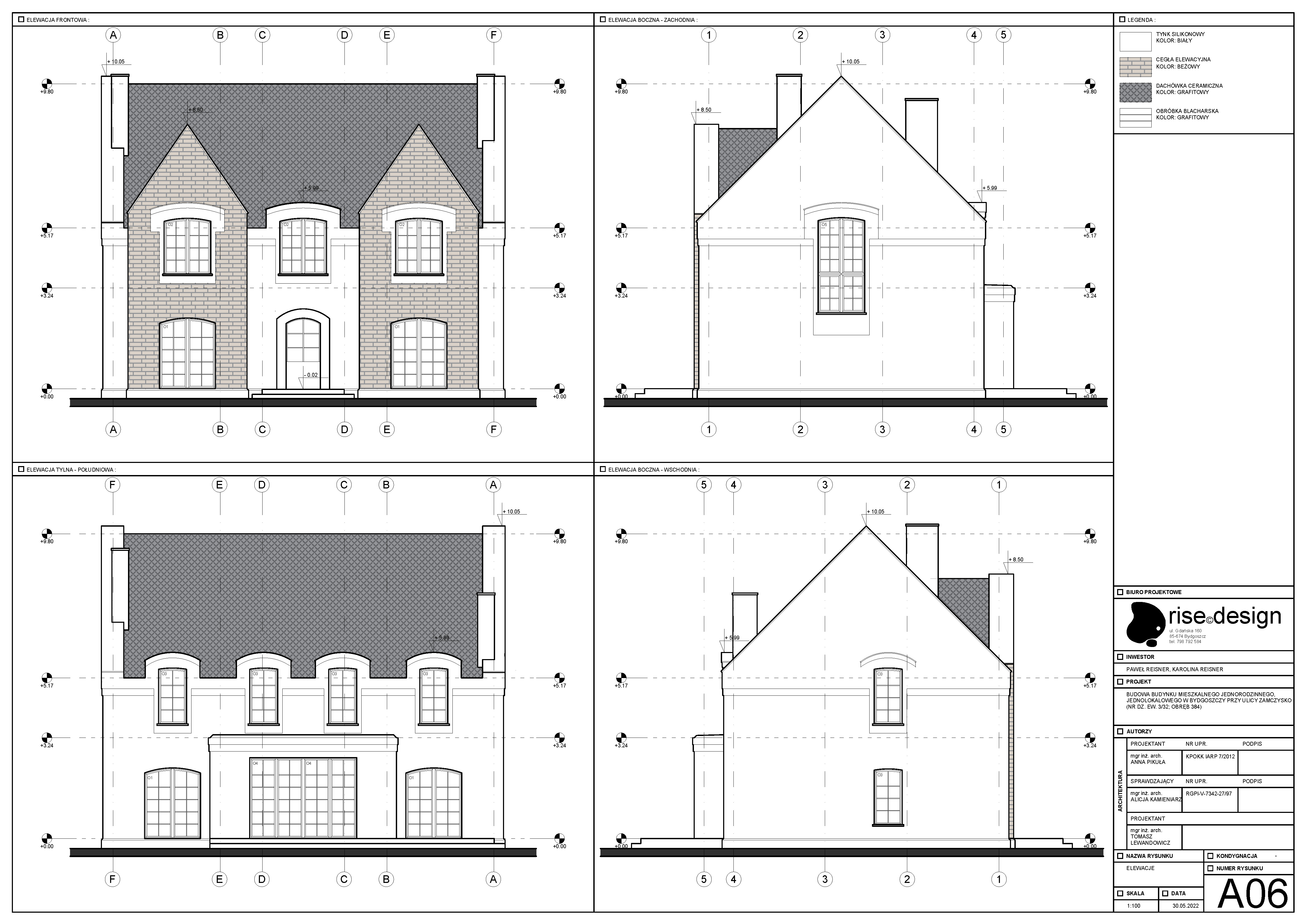 Drawing: Version 2 concept presentation showing five views of the white and warm wood variant with natural oak frames, timber pergola, and wooden garden features