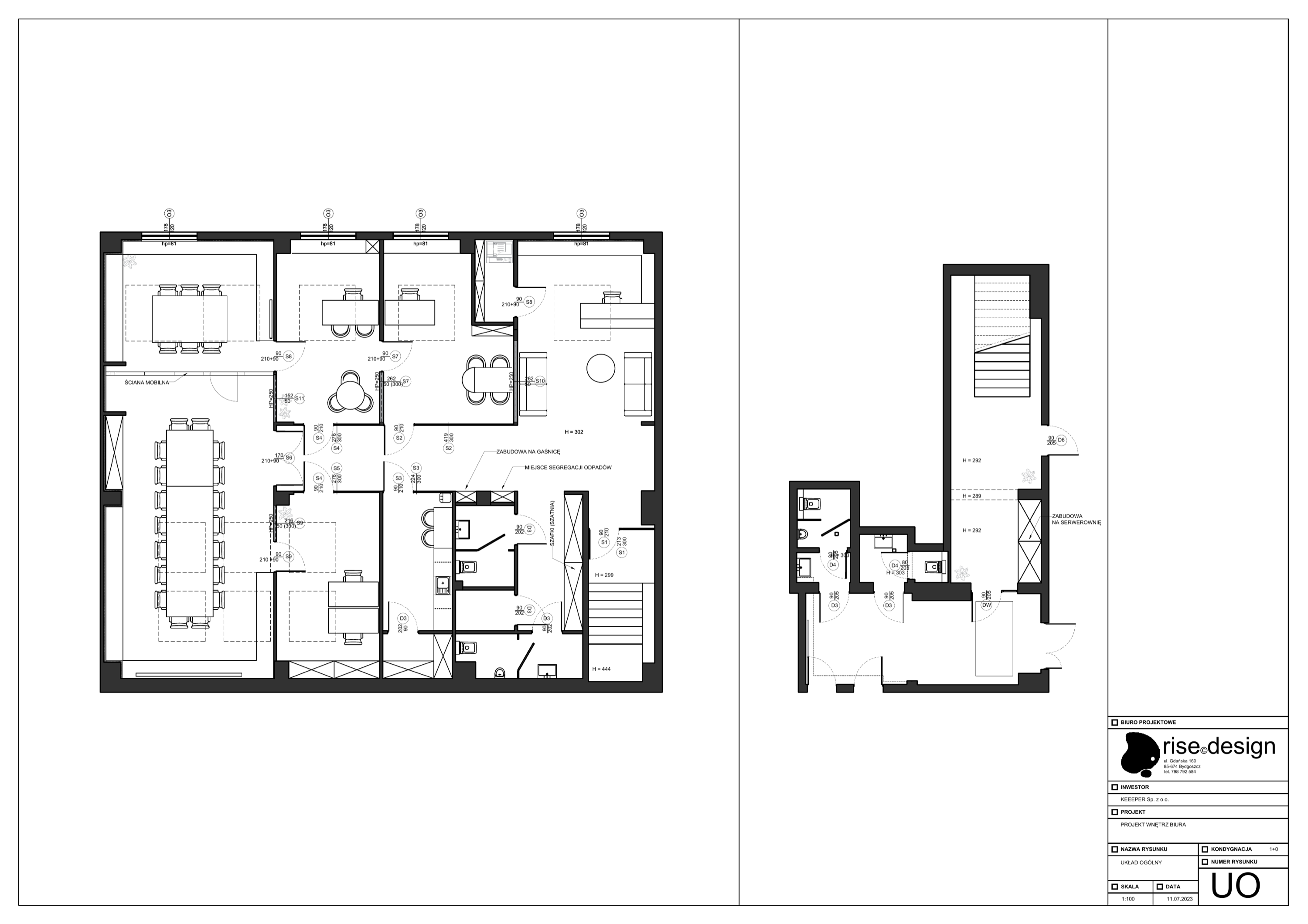 Technical floor plan drawing of Level 1 showing room layout with furniture, glass partitions, ceiling grid, and rise.design title block at architectural scale