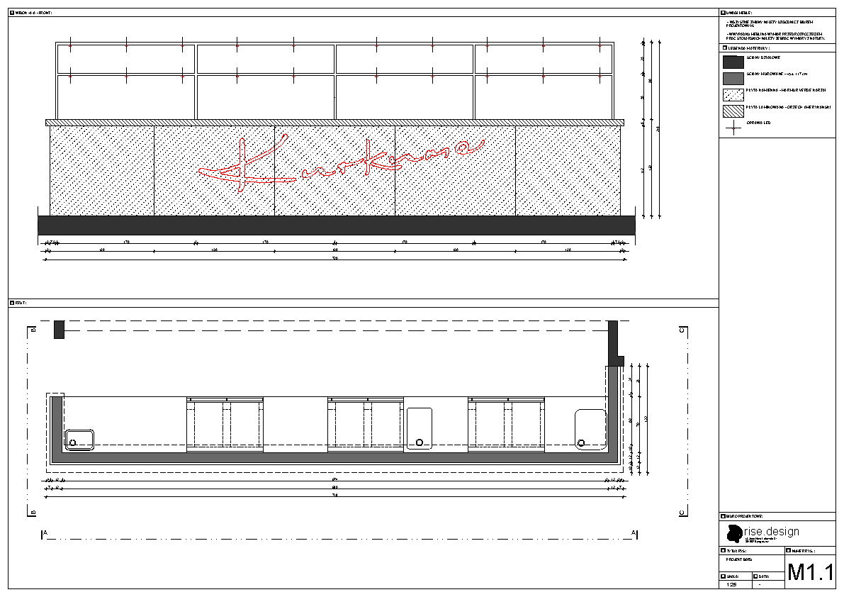 Drawing: general layout floor plan at 1:50 scale showing the full 72 square metre restaurant with diagonal glass facade, five dining tables, full-length Verde Karzai marble sushi bar, and back-of-house kitchen zones