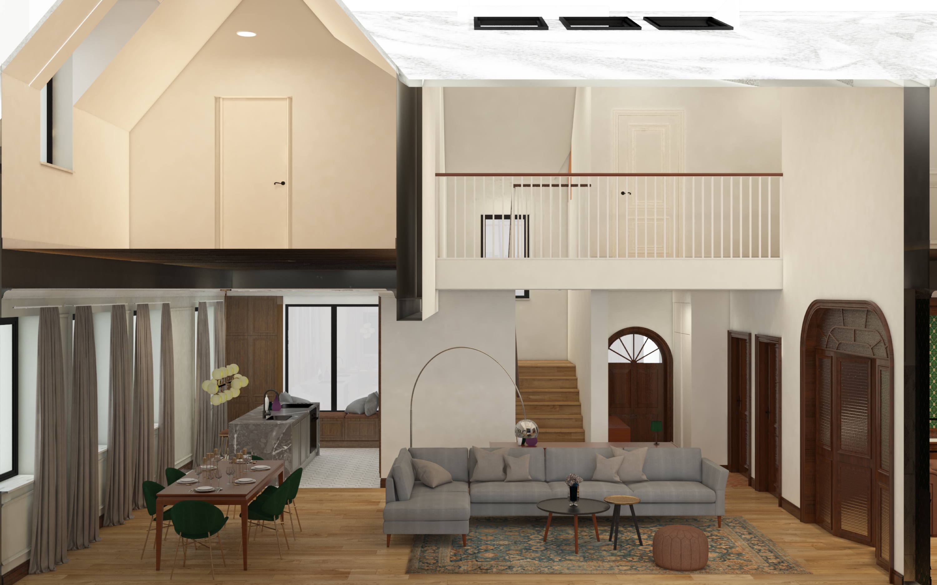 Drawing: ground floor axonometric plan render showing colour-coded room layout from above including kitchen, open-plan living and dining, walnut library, glass orangery, and entrance hall zones