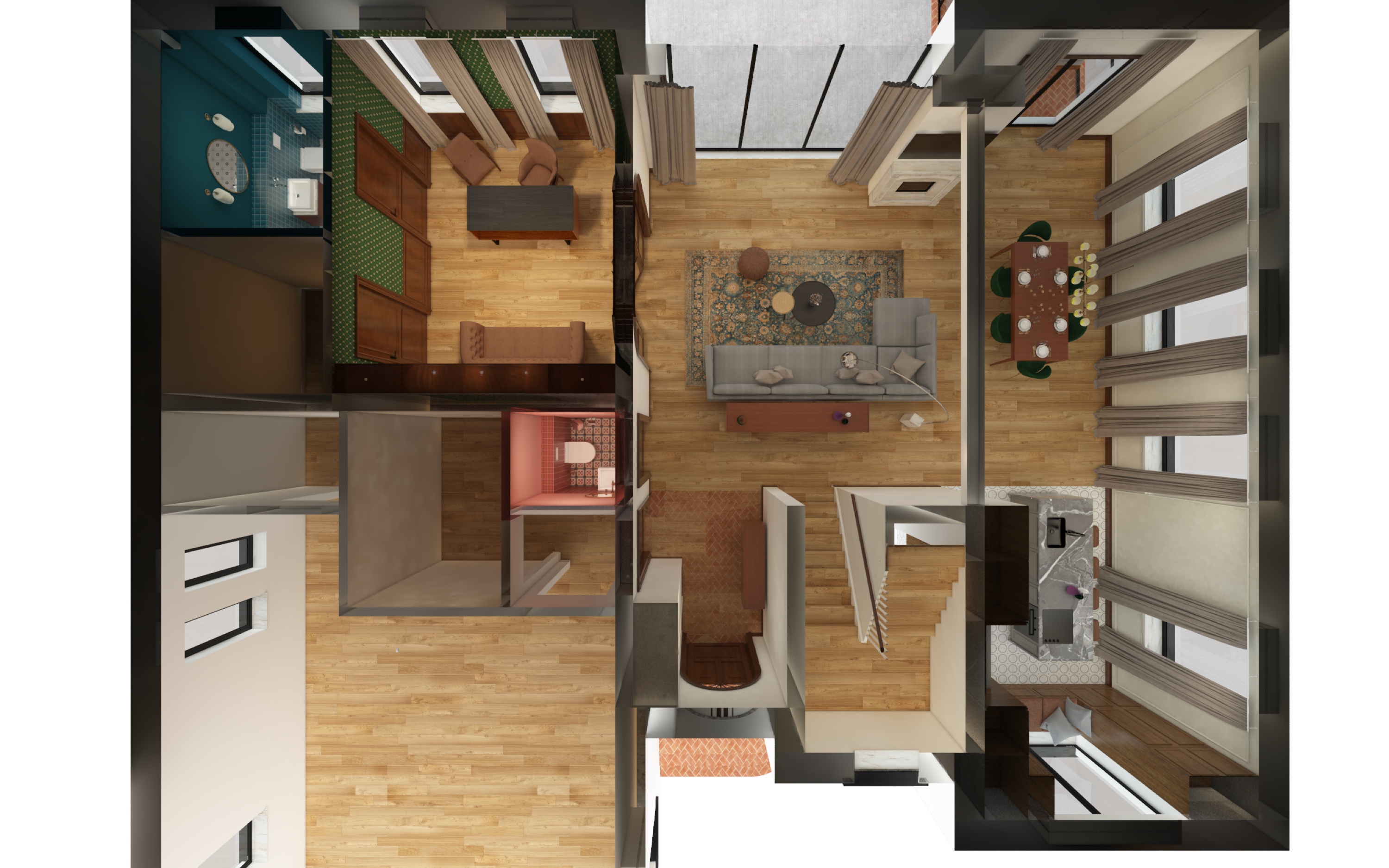 Drawing: upper floor axonometric plan render showing five bedroom layout with four uniquely coloured bathrooms, mezzanine gallery overlooking the double-height living room, and corridor circulation