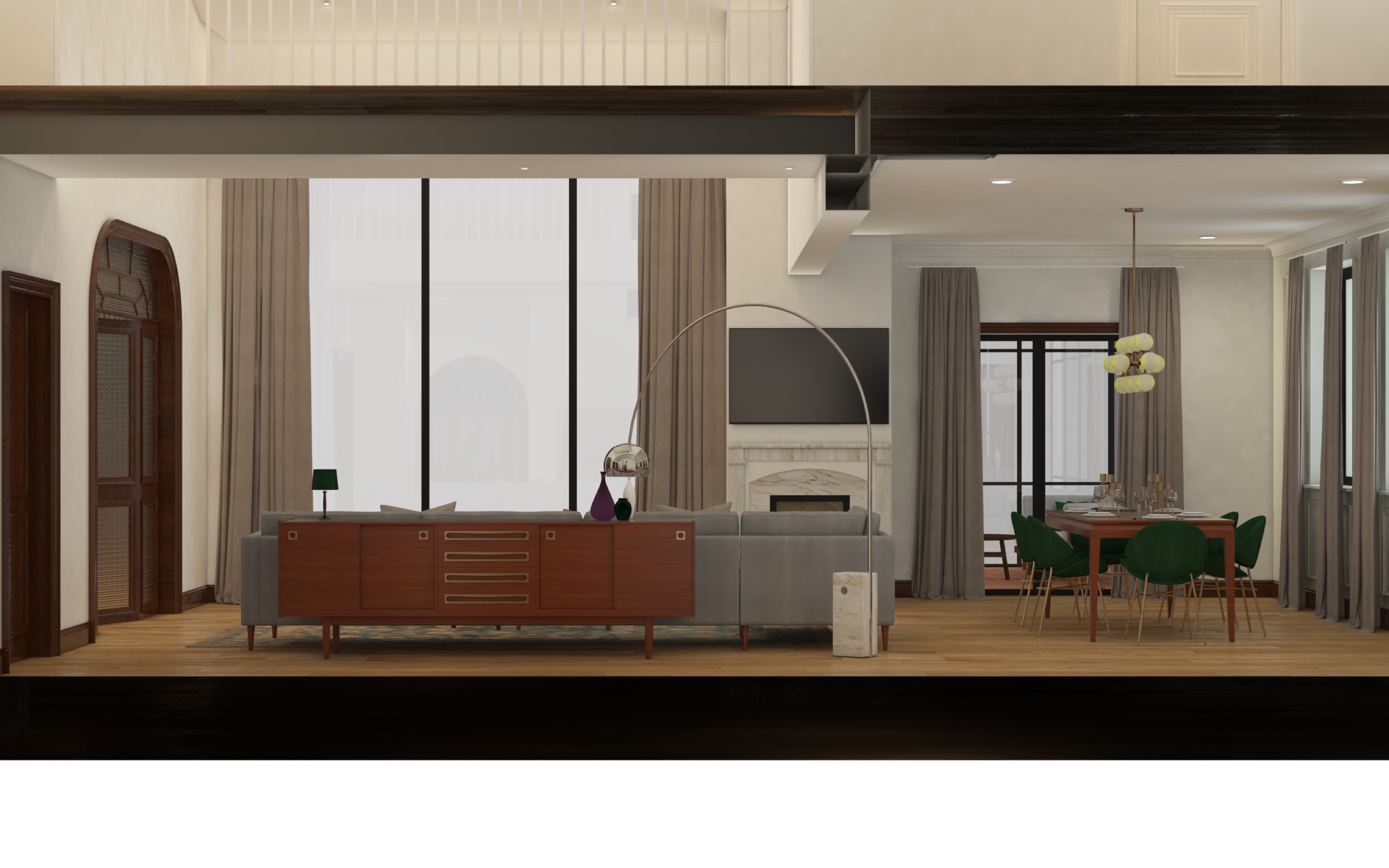 Drawing: full building cross-section render showing both floors simultaneously, double-height living room with mezzanine gallery, glass staircase balustrade, and 45-degree pitched roof structure