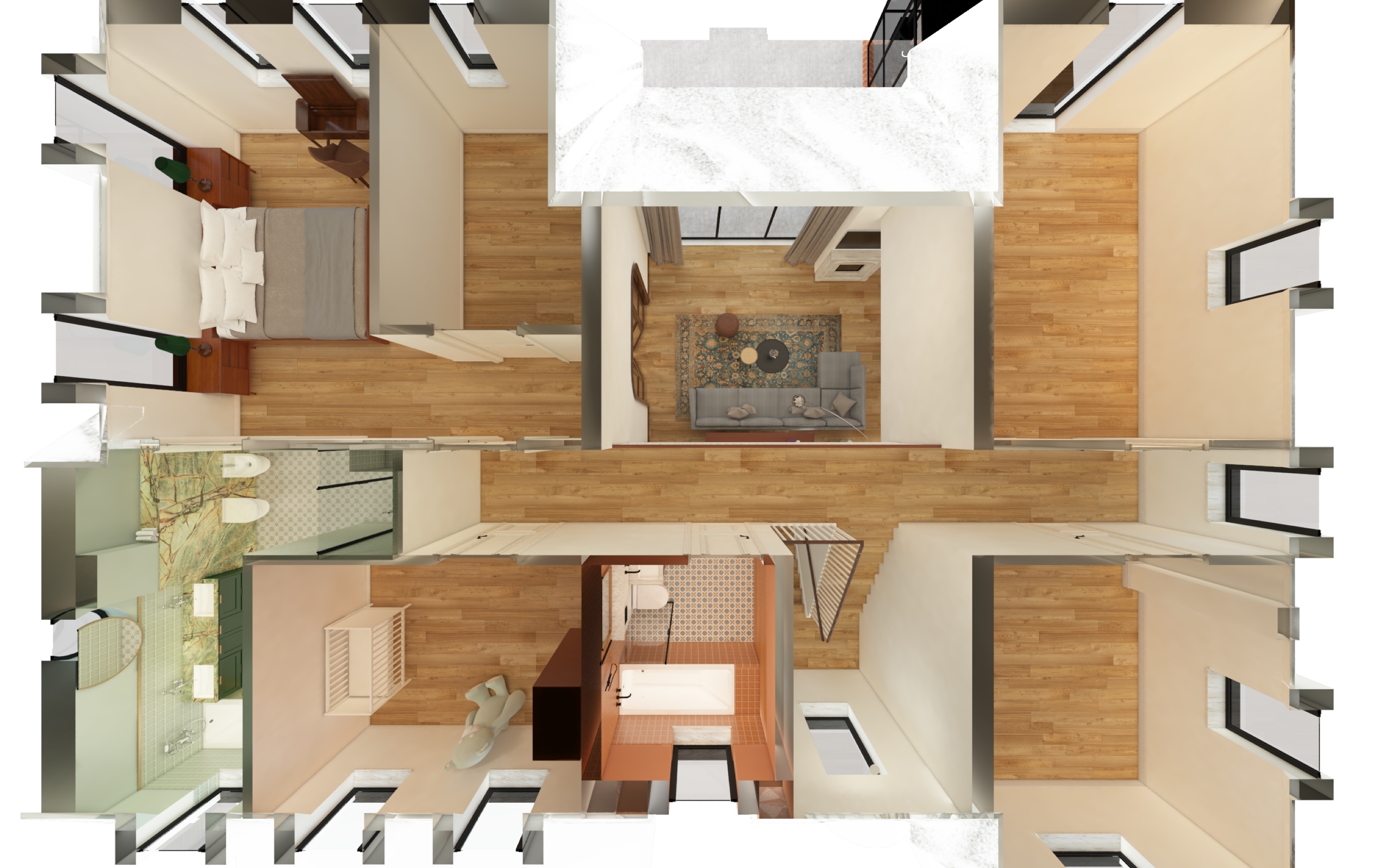 Drawing: panoramic living room section render showing complete ground floor spatial connection from the glass orangery through the double-height living room to the walnut library and kitchen zones