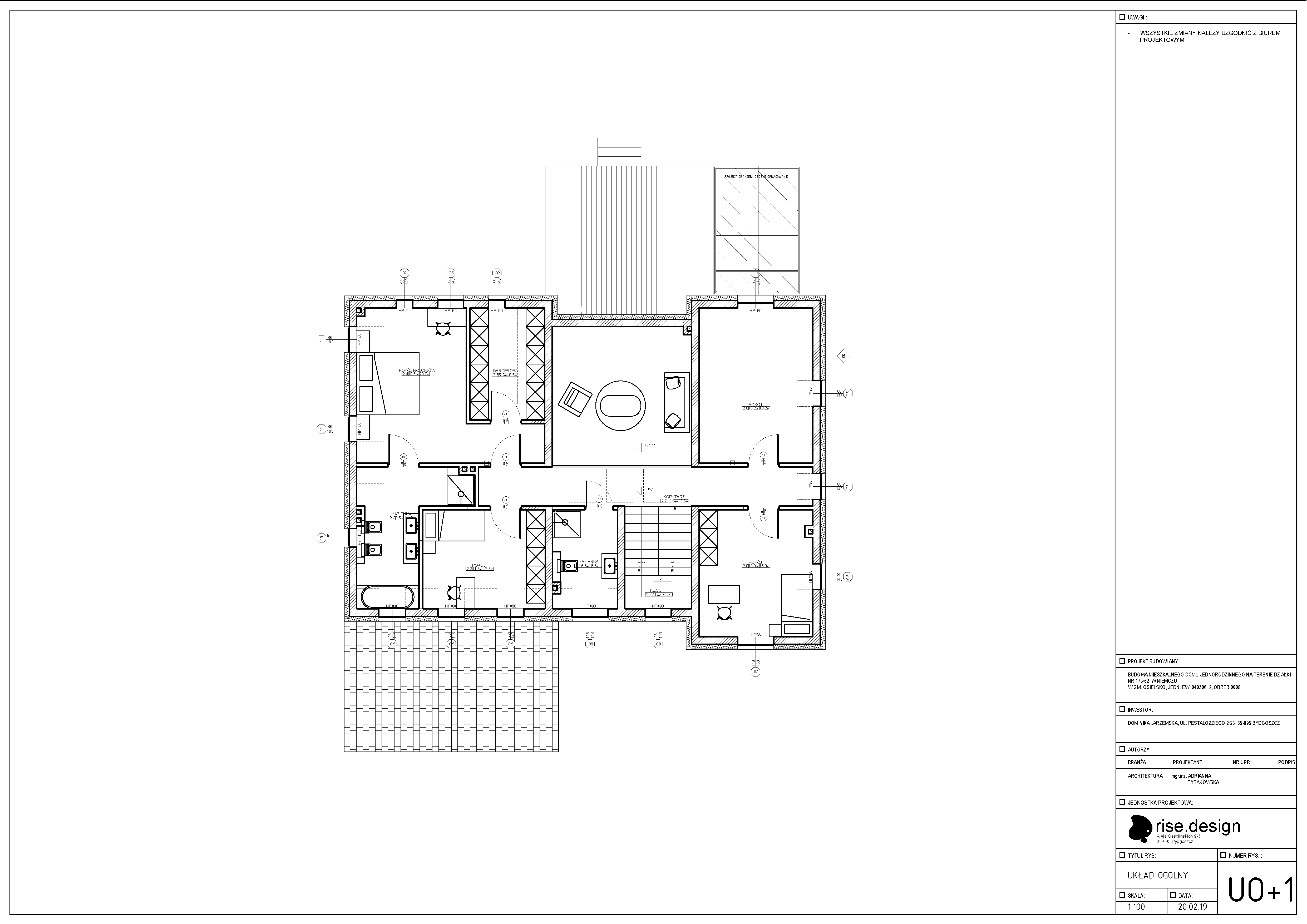 Drawing: project documentation page showing floor plan details, room dimensions, and functional layout specifications