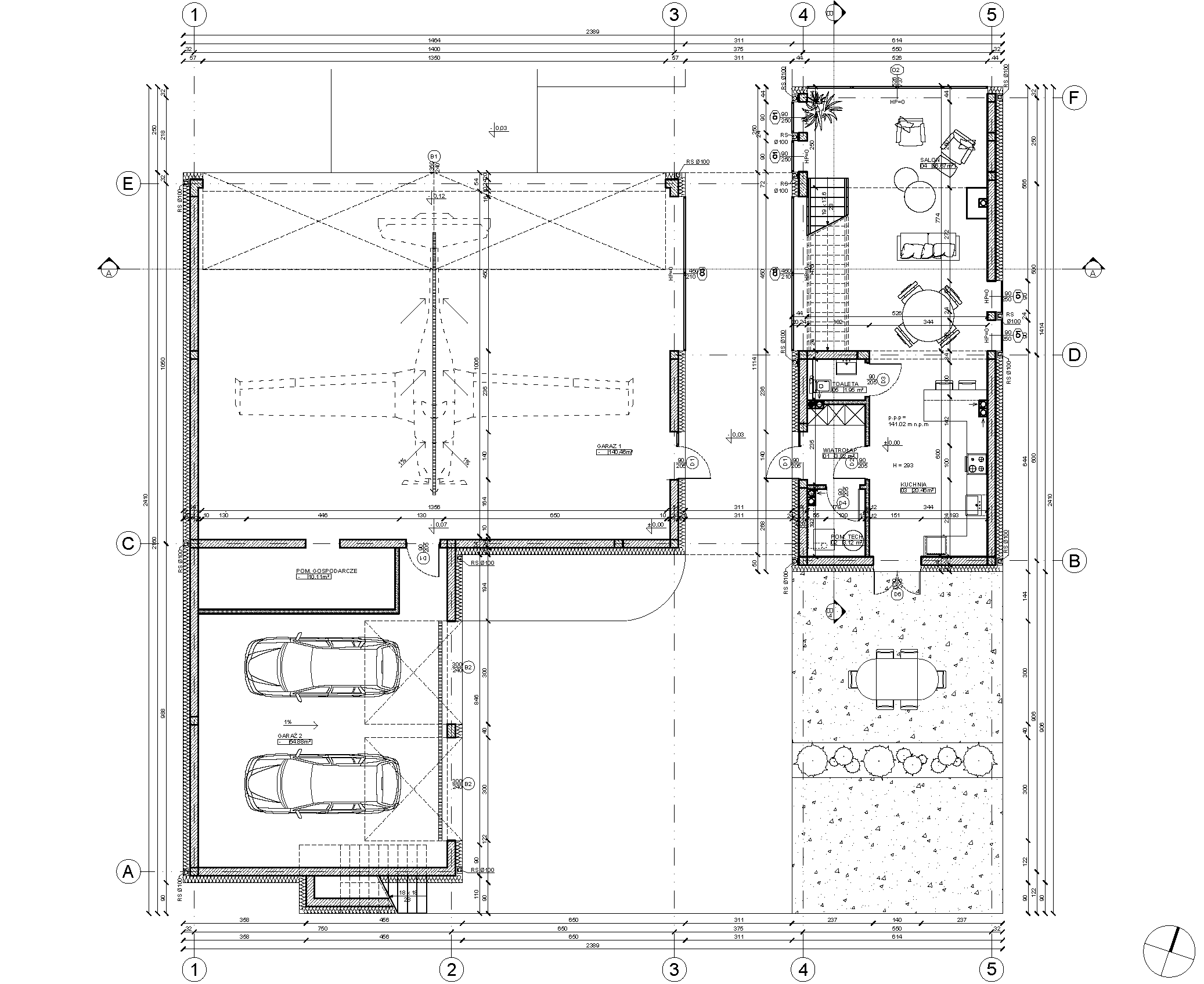 Detailed axonometric drawing with airplane, vehicle, and landscaping on yellow background showing full property layout