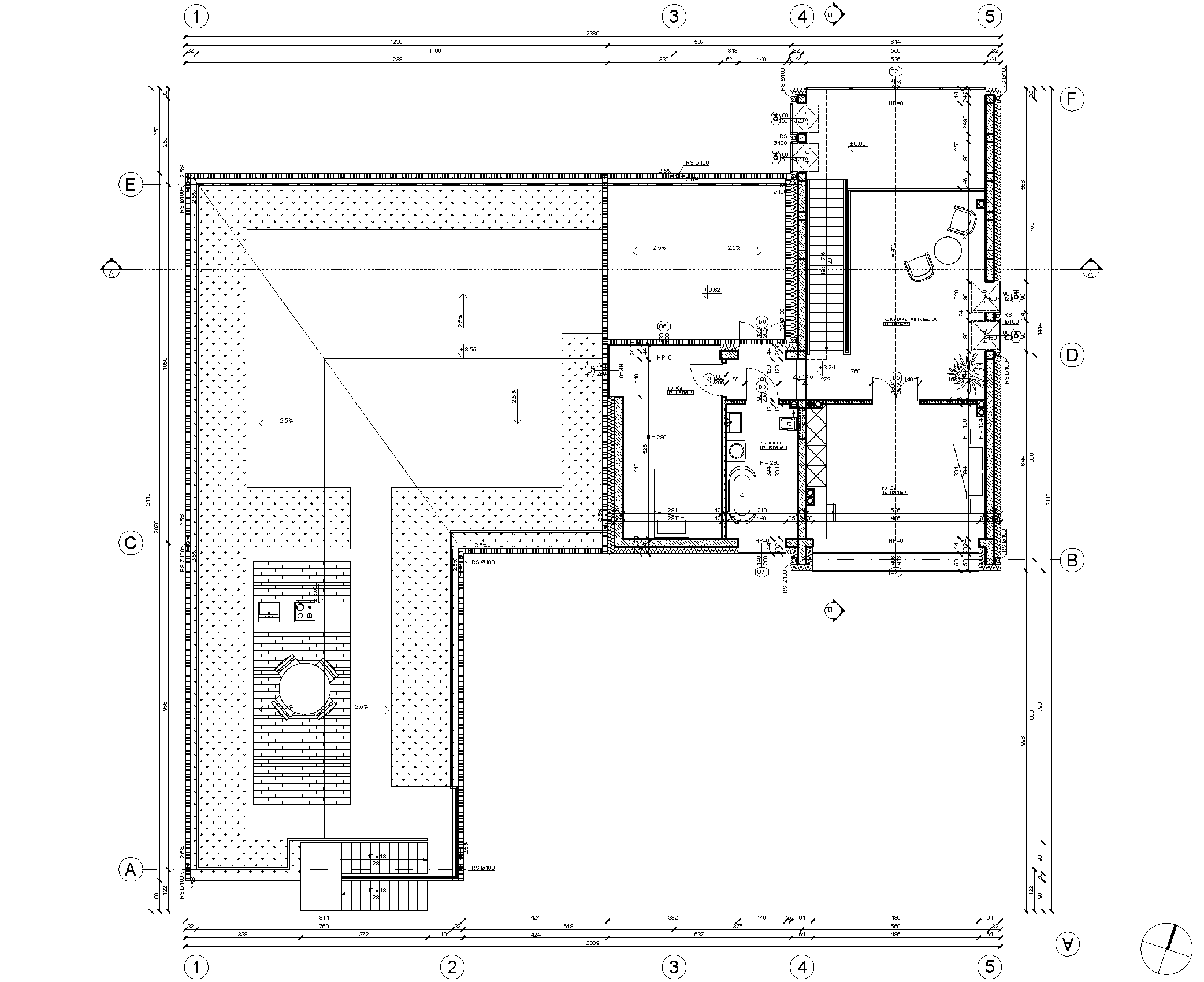 Massing axonometric showing gable house volume and flat-roof hangar volumes with spatial relationship between zones