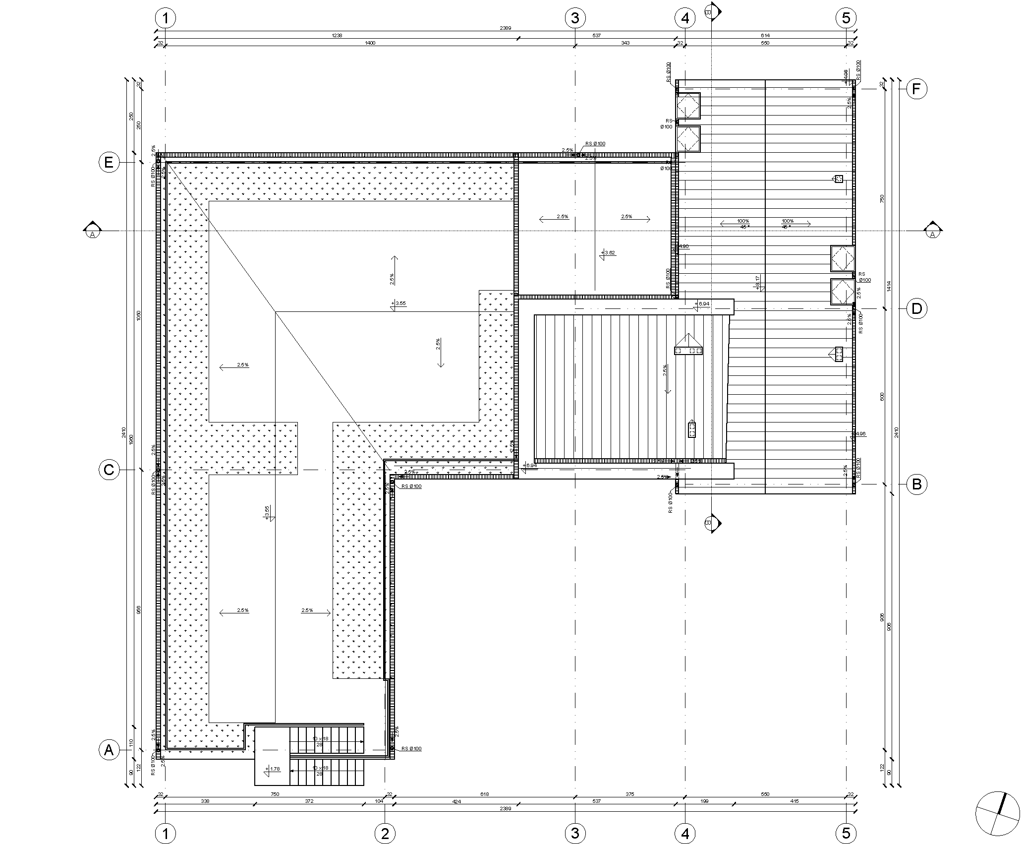 Cross-sections A-A and B-B with four elevations showing material specifications and building proportions