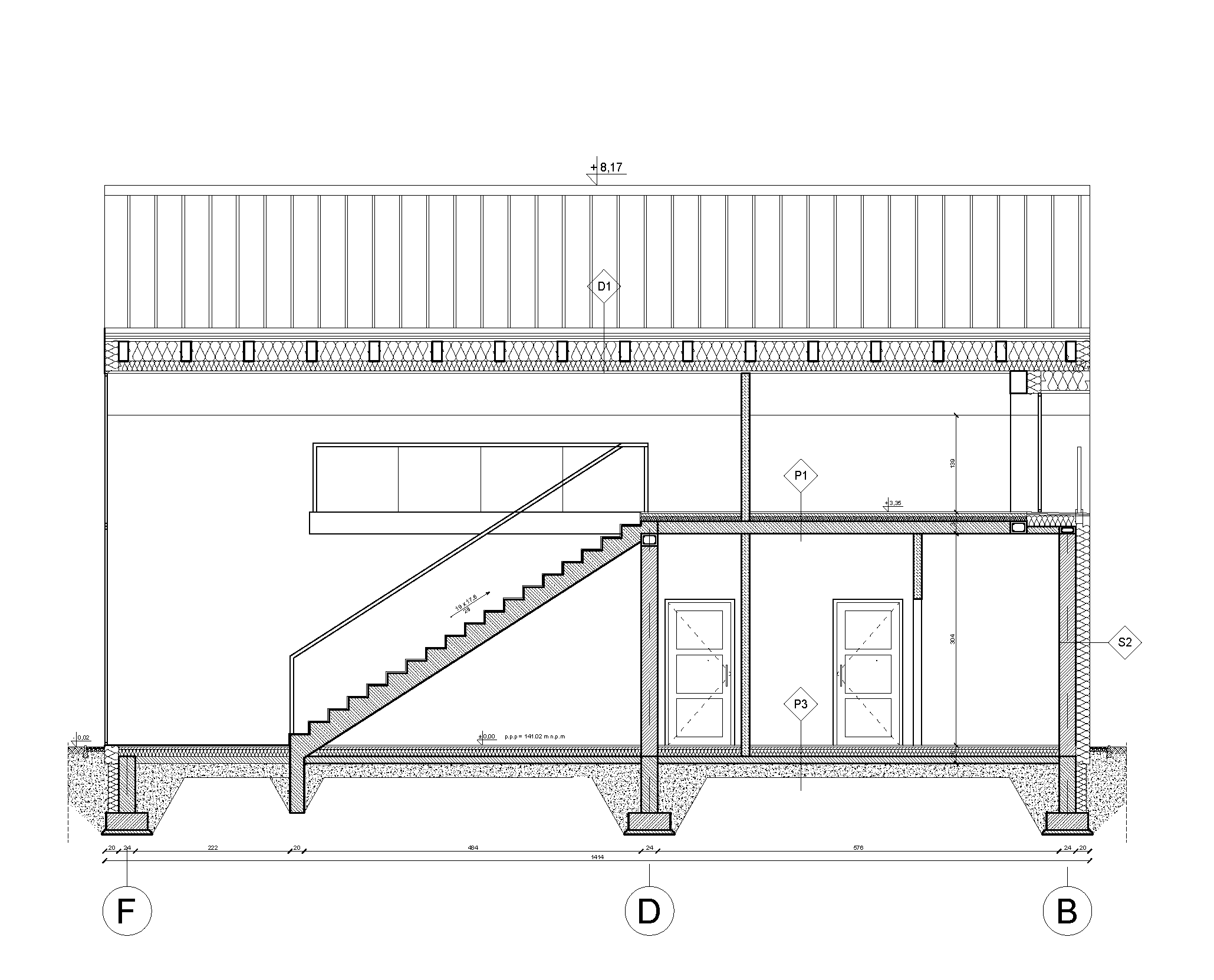 Ground floor plan at 1:100 scale showing vestibule, kitchen, double-height living room, hangar, and garage layout