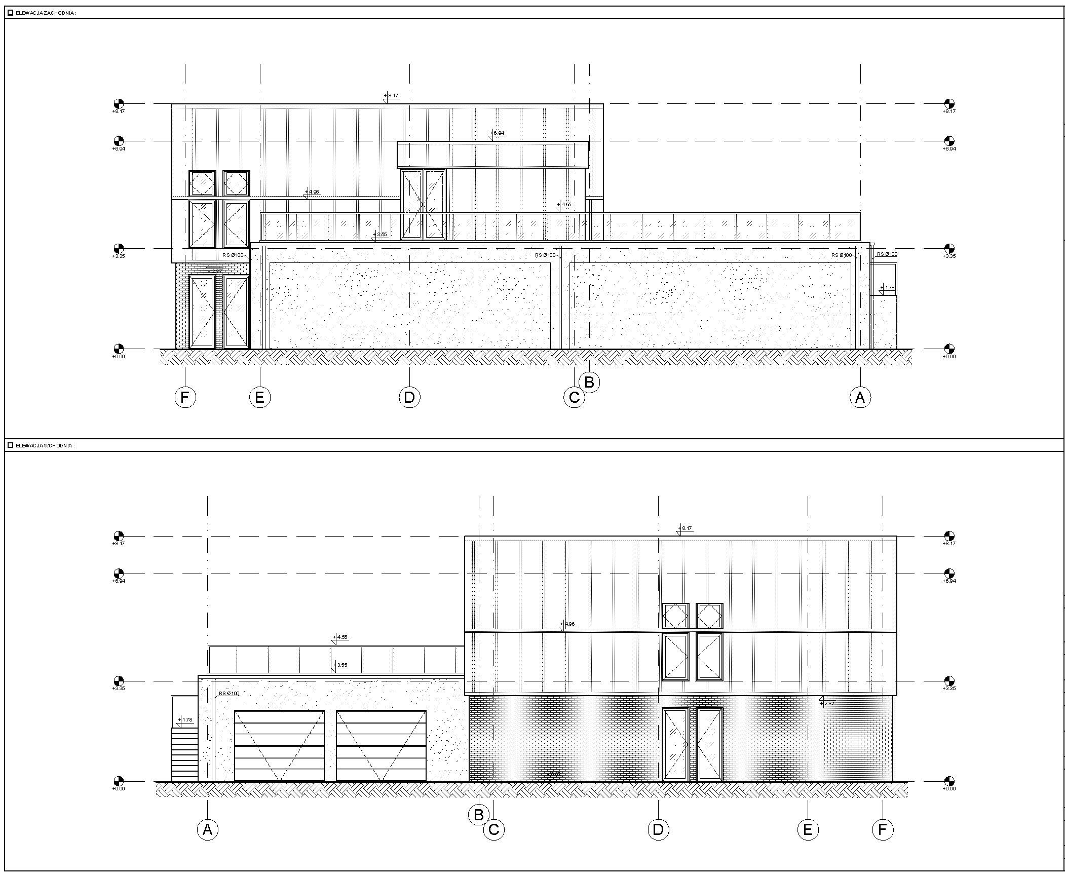 Roof plan at 1:100 scale showing pitched gable over residential wing and flat green roof over hangar wing