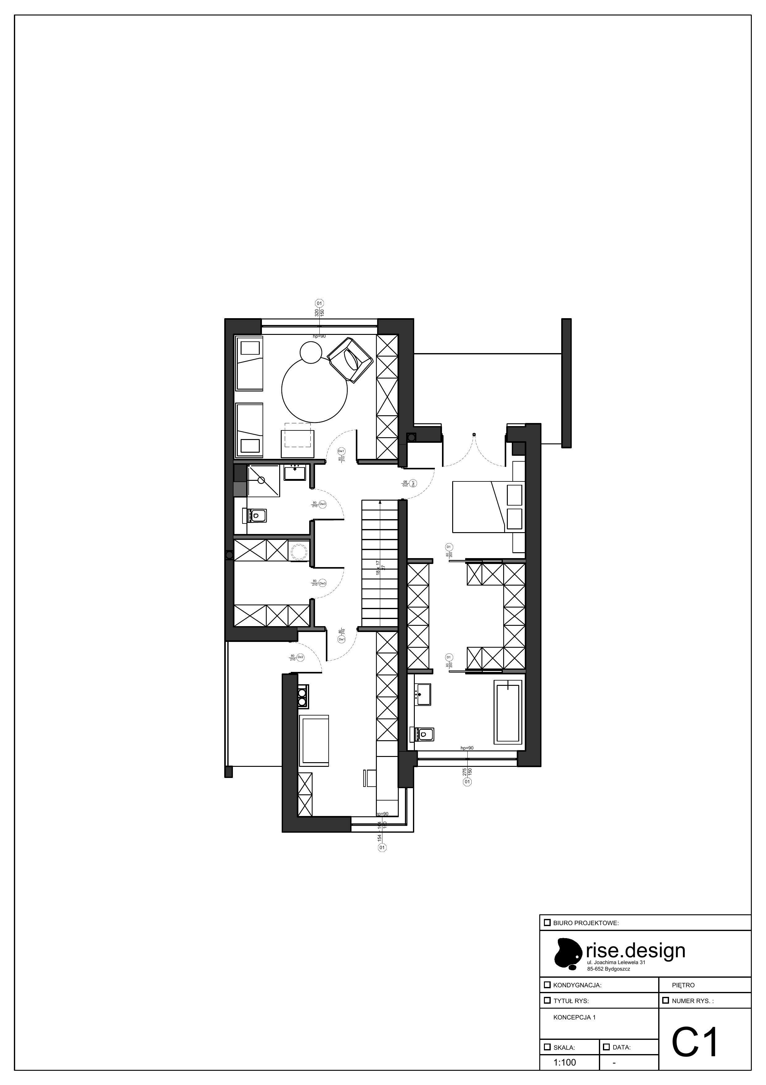 Drawing: toilet wall elevations V1 at 1:25 scale with Satyna gres 60x60 tile specification, wood-look tiles 26.5x180, and white latex paint finish material callouts and dimensions