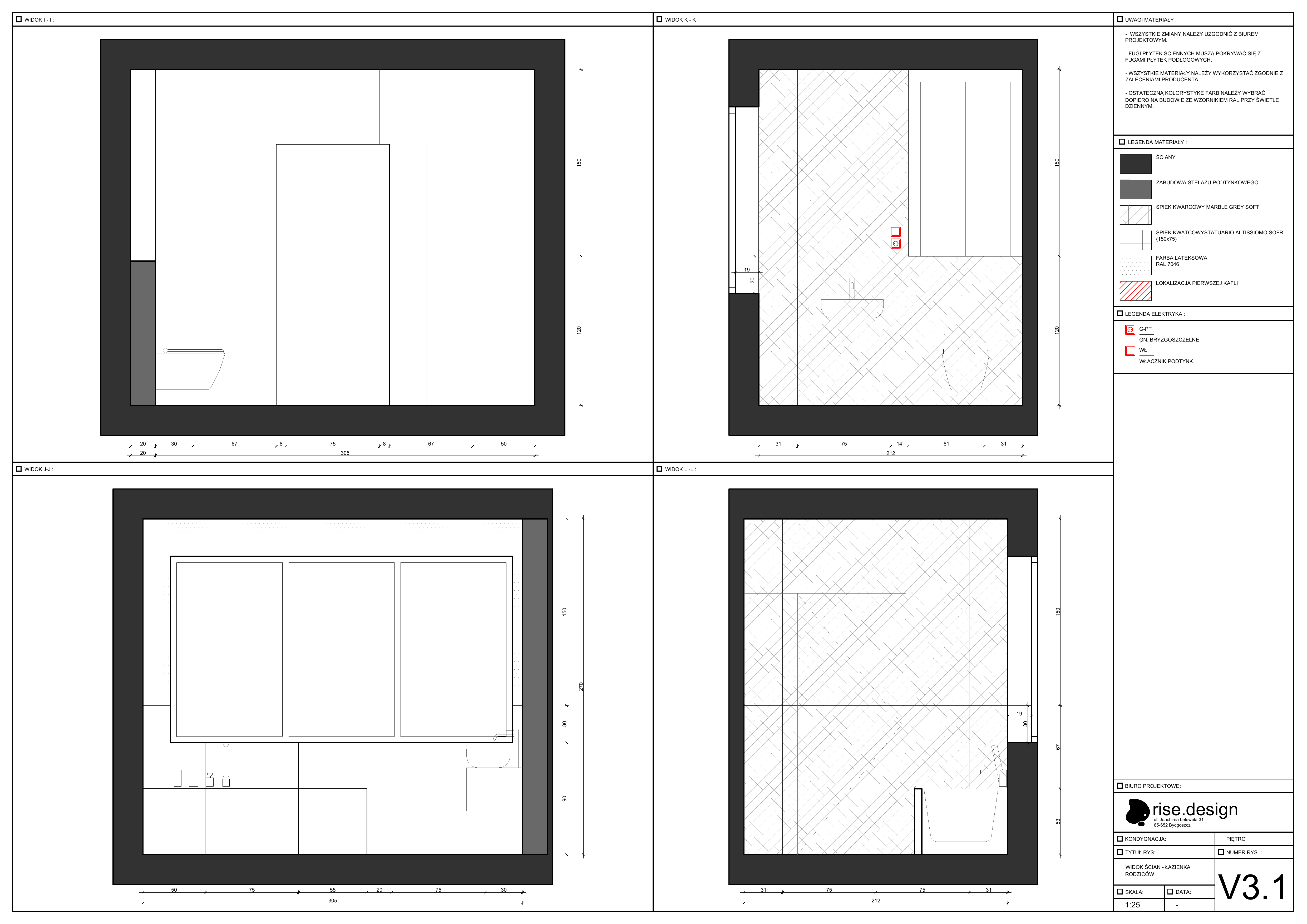 Drawing: bedroom feature wall elevation V4 at 1:25 scale showing the Verde Karzai quartz sinter headboard panel divisions, dimensions, and LED backlighting strip placement detail