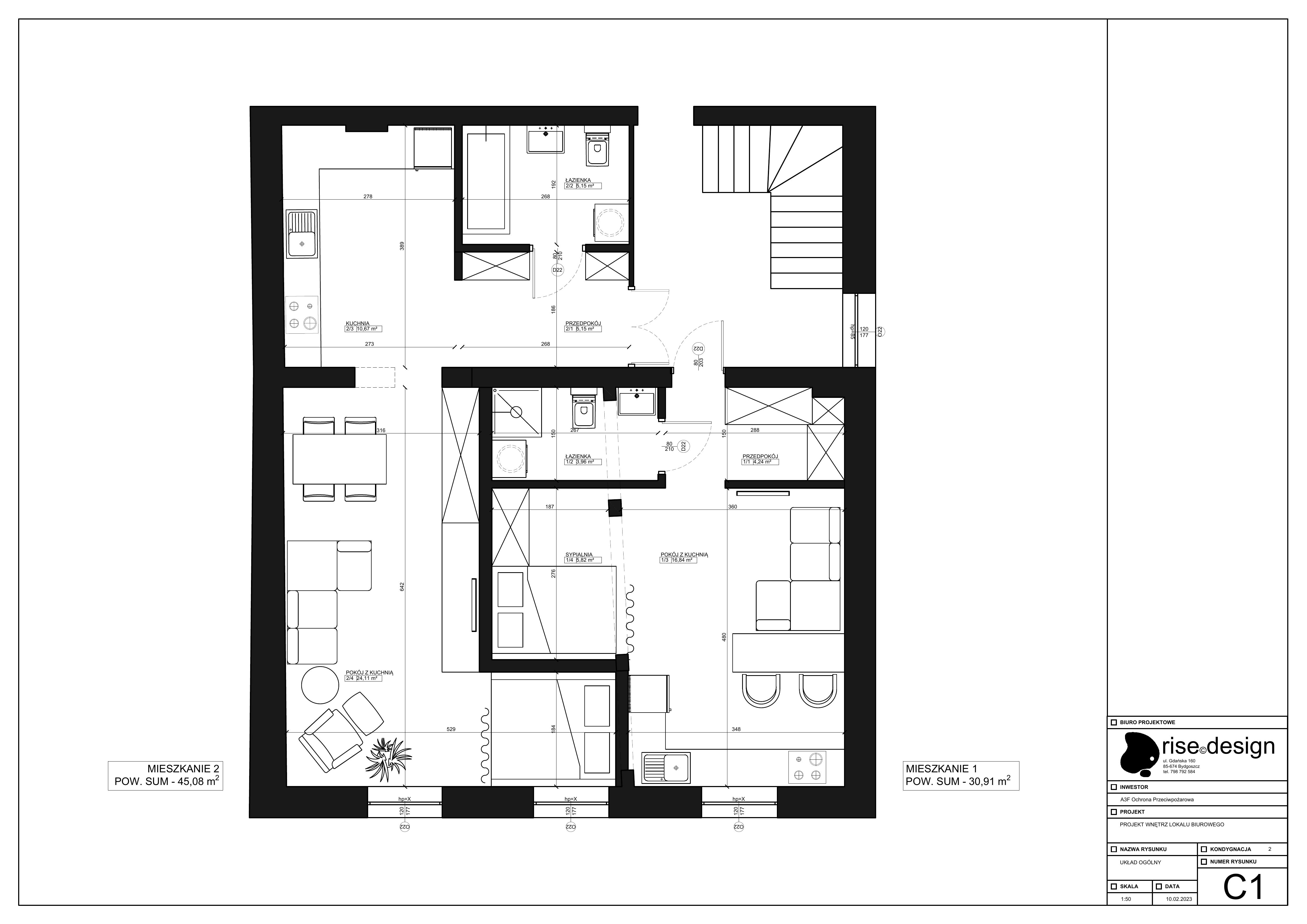 Drawing: apartment floor plan variants showing layout options for office and residential spaces within the historic Szpitalna building footprint