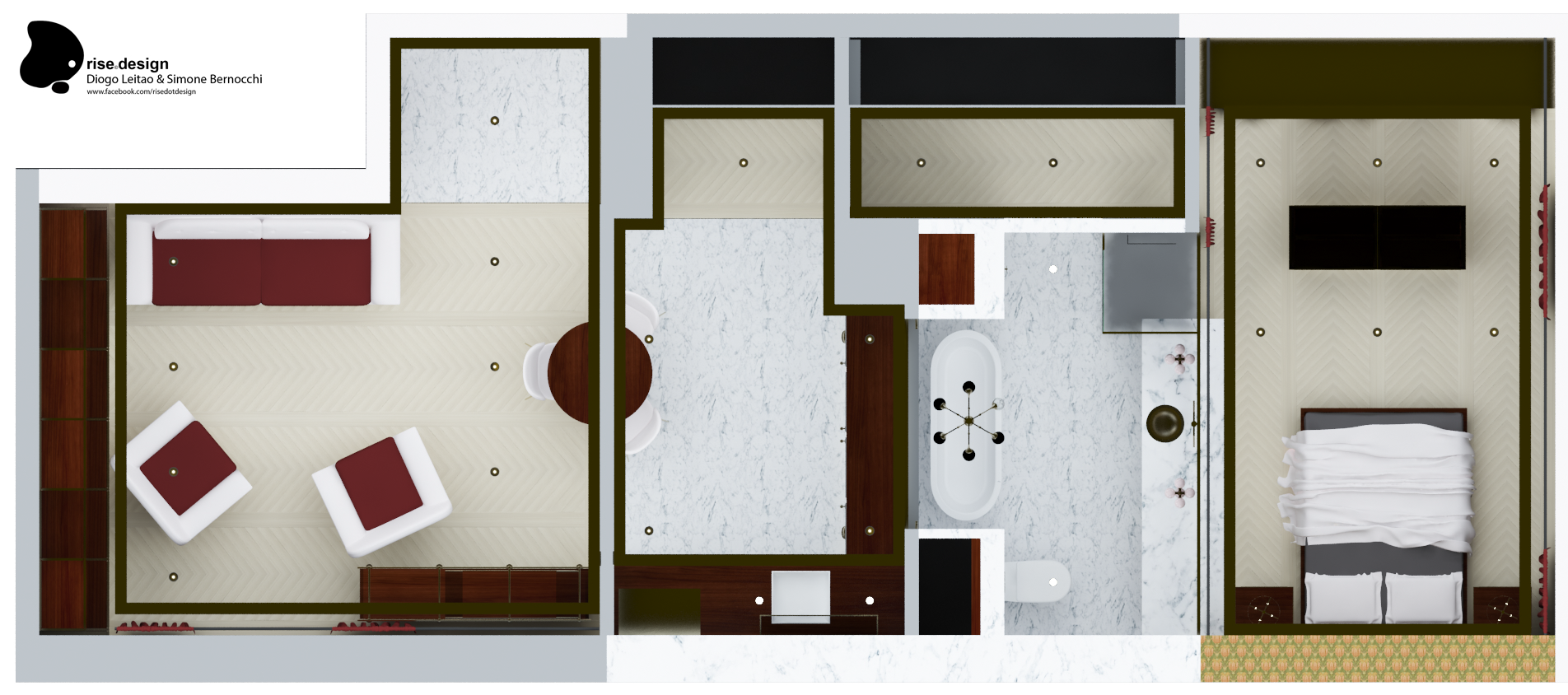 Full-colour rendered floor plan of the 61 square metre penthouse layout showing living room, kitchen-dining, bathroom, bedroom, and corridor with furniture placement