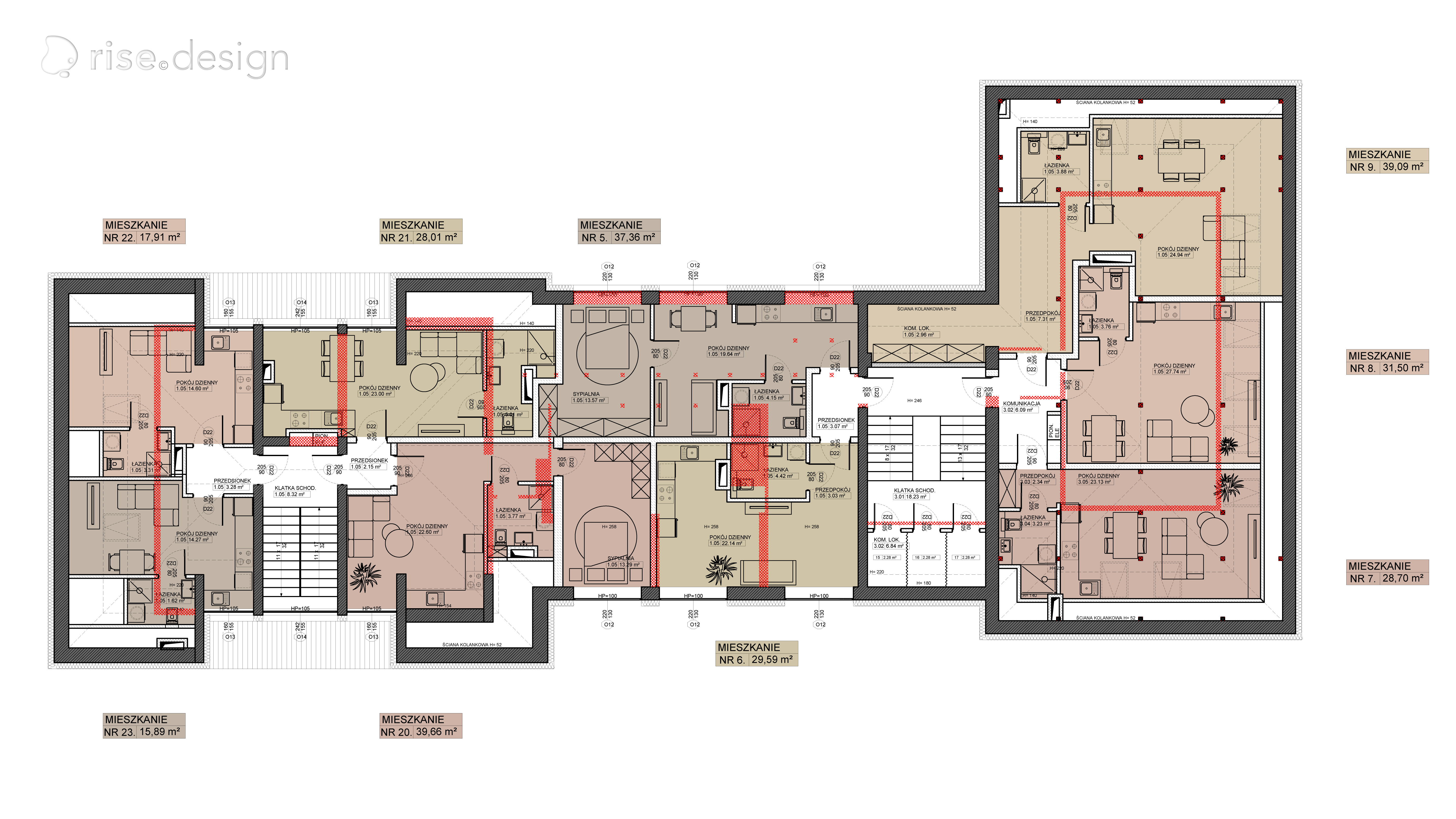 Drawing: P0 ground floor plan of the adaptive reuse heritage building showing six apartments and 153 square metre commercial unit with color-coded wall interventions distinguishing existing masonry from new partitions and demolitions