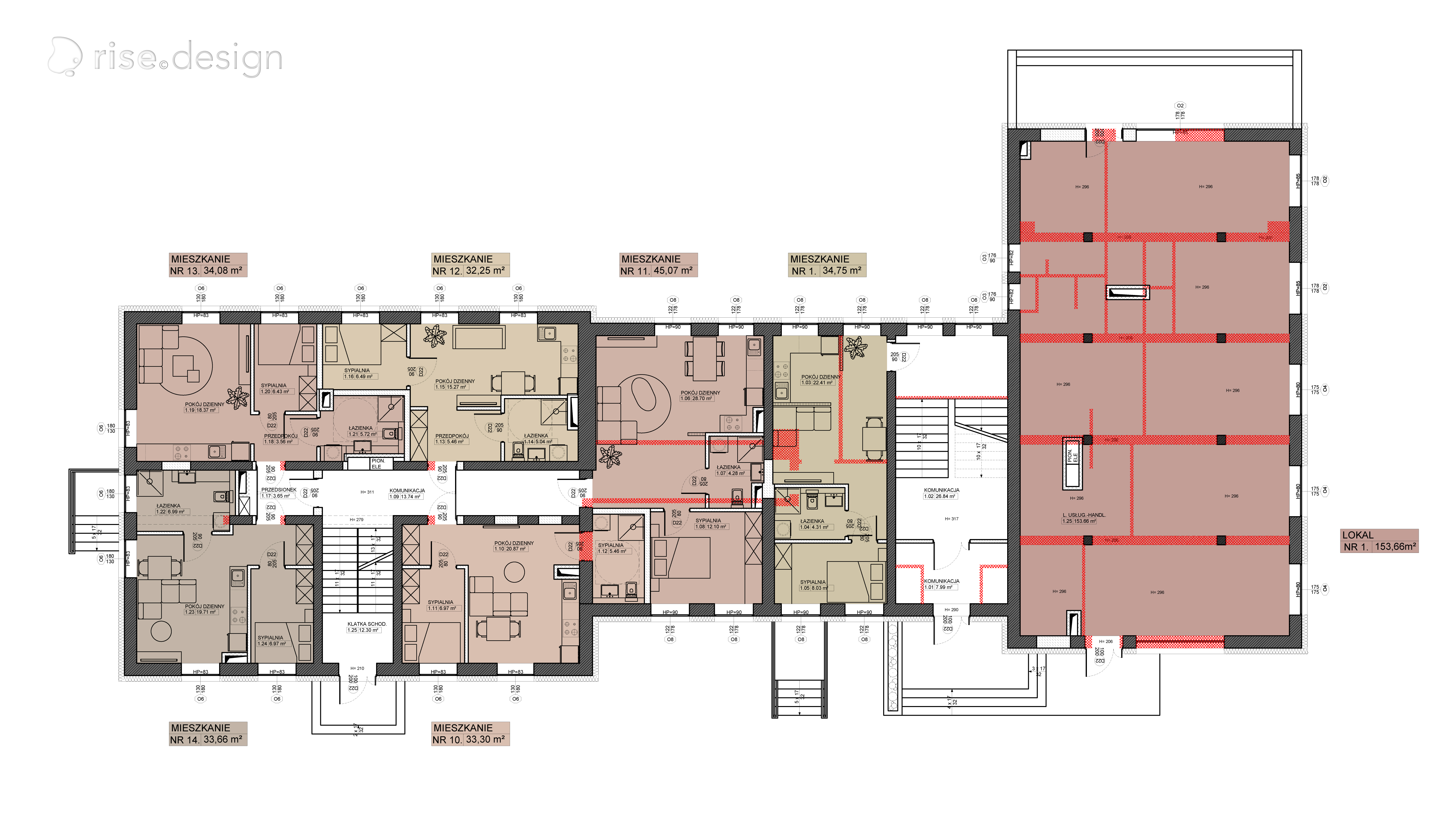 Drawing: P2 attic poddasze floor plan showing eight converted apartments under the historic roof including duplex upper level of unit five, with sloped ceiling areas highlighting the adaptive reuse loft character
